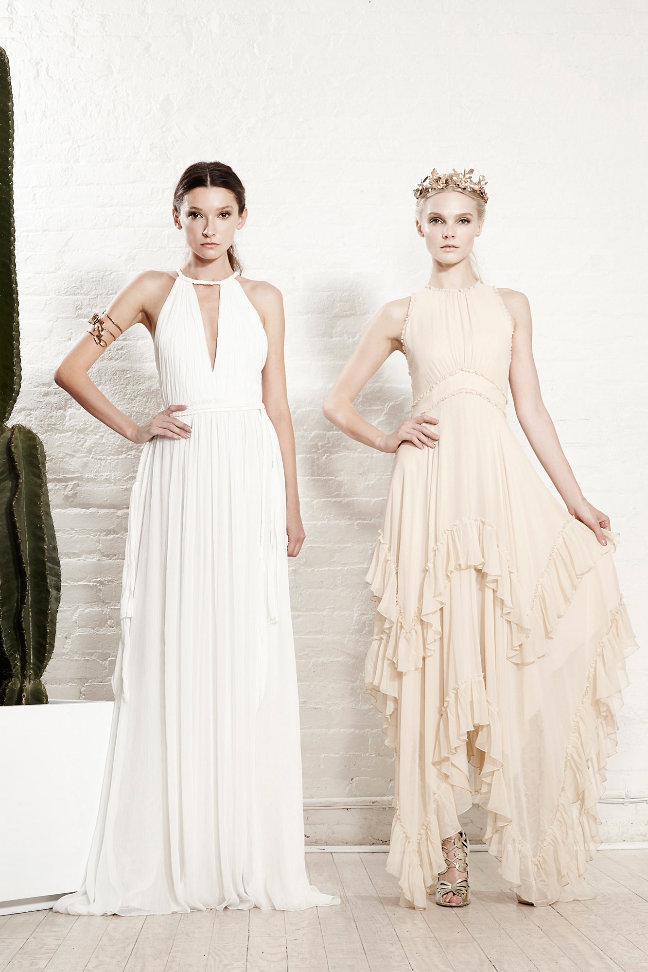 white and beige flowing gowns