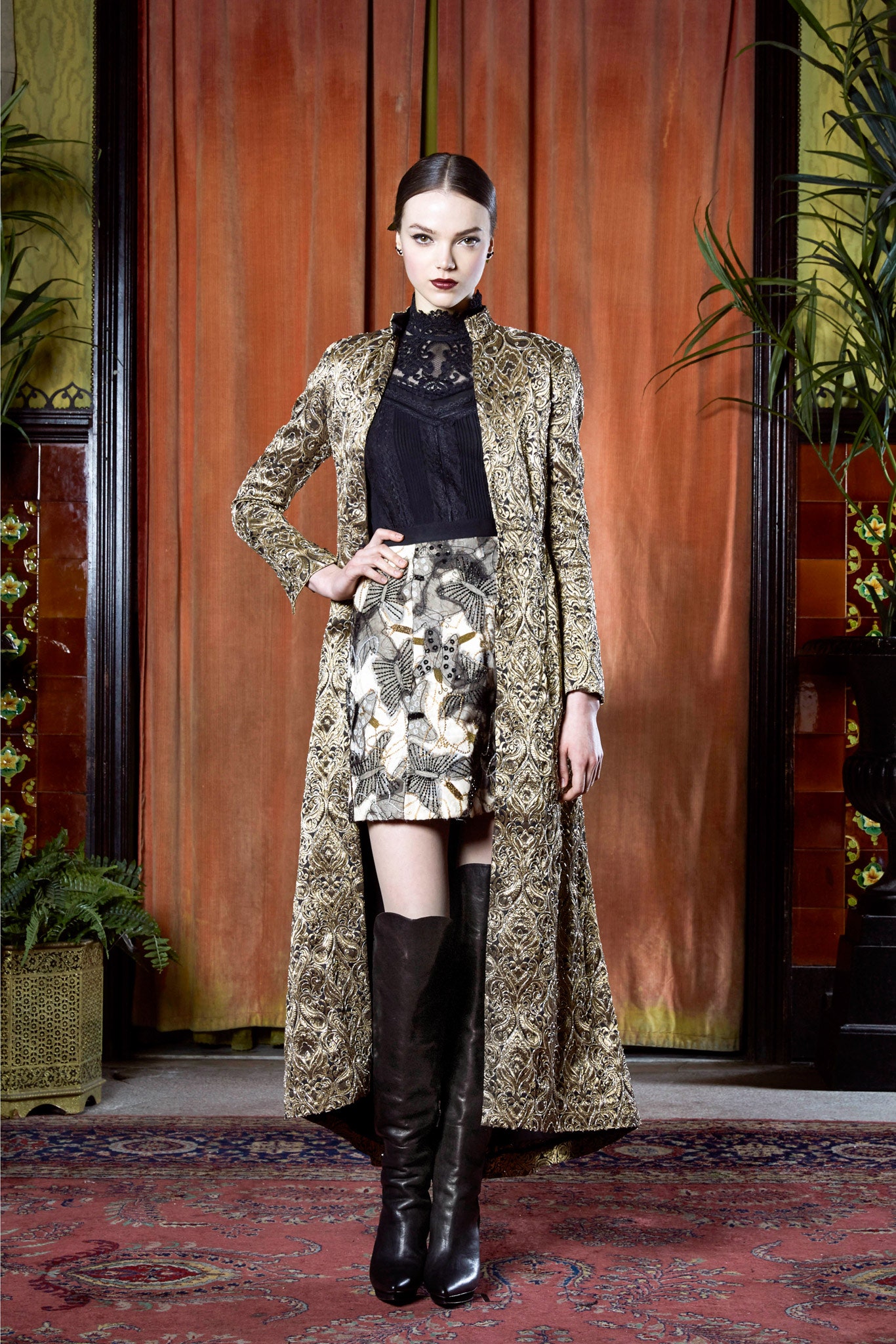gold silk long-sleeve collared fitted embroidered draped coat