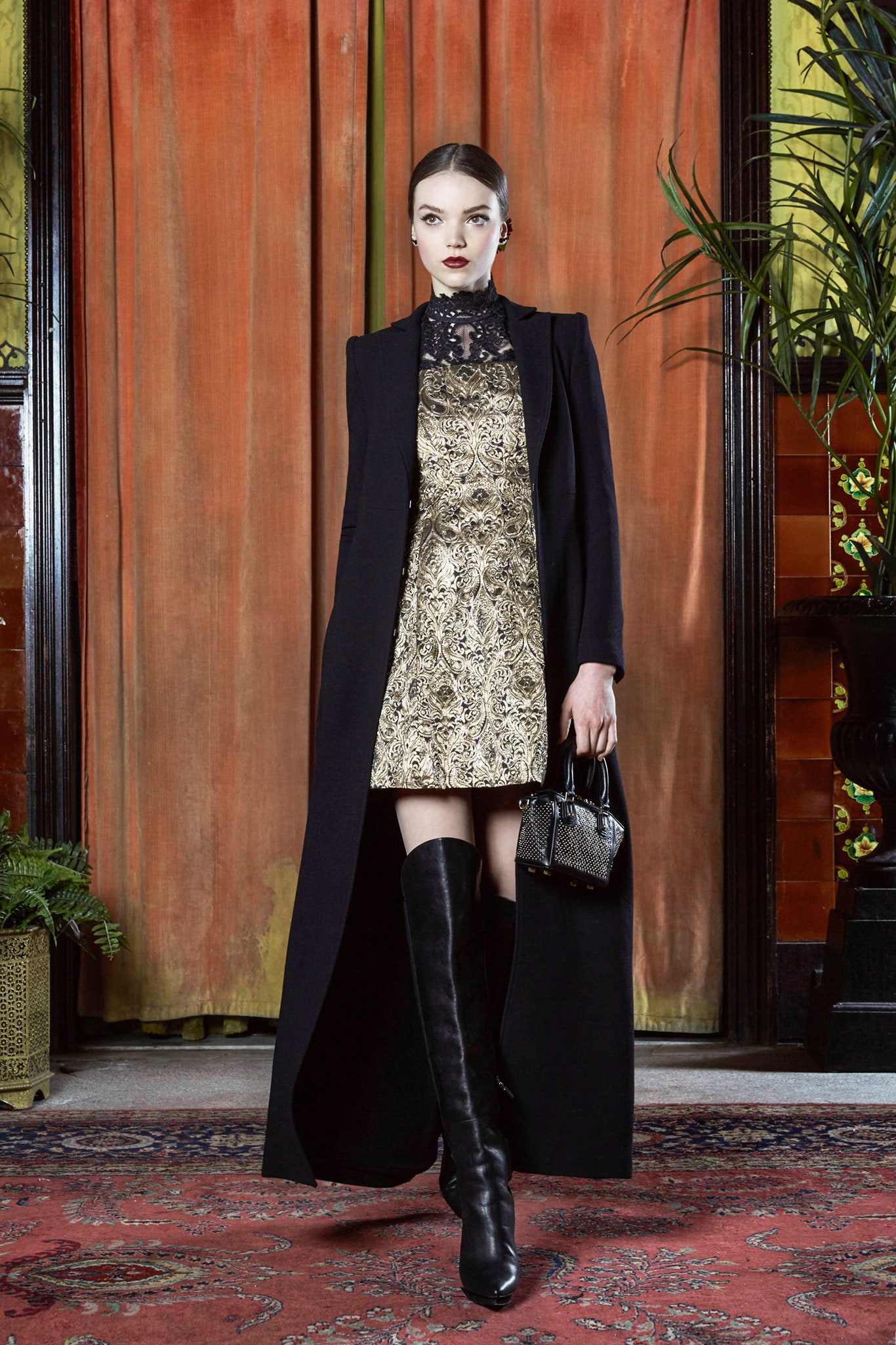 black coat gold mini dress