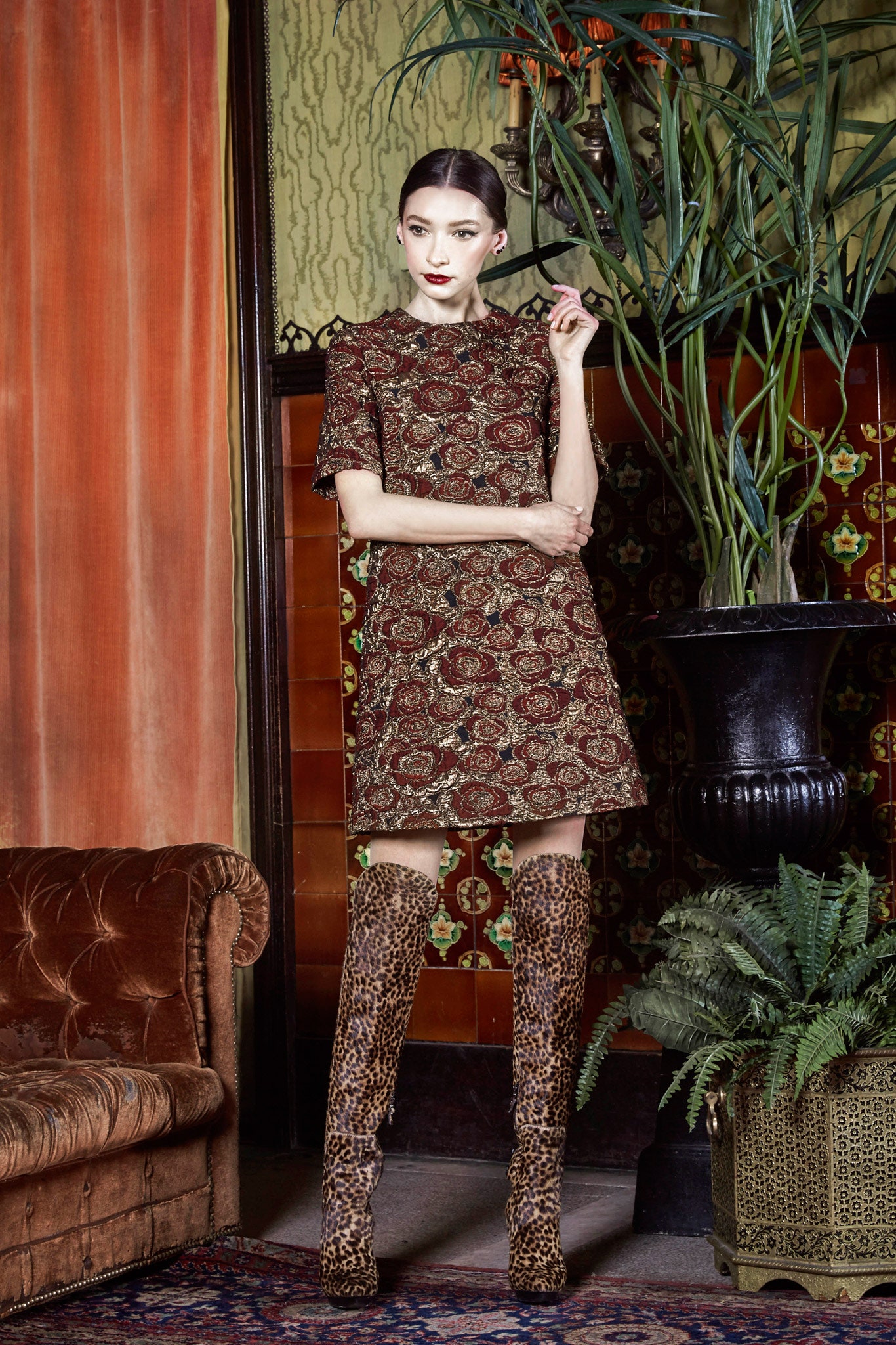 brown printed mini dress with animal-print boots