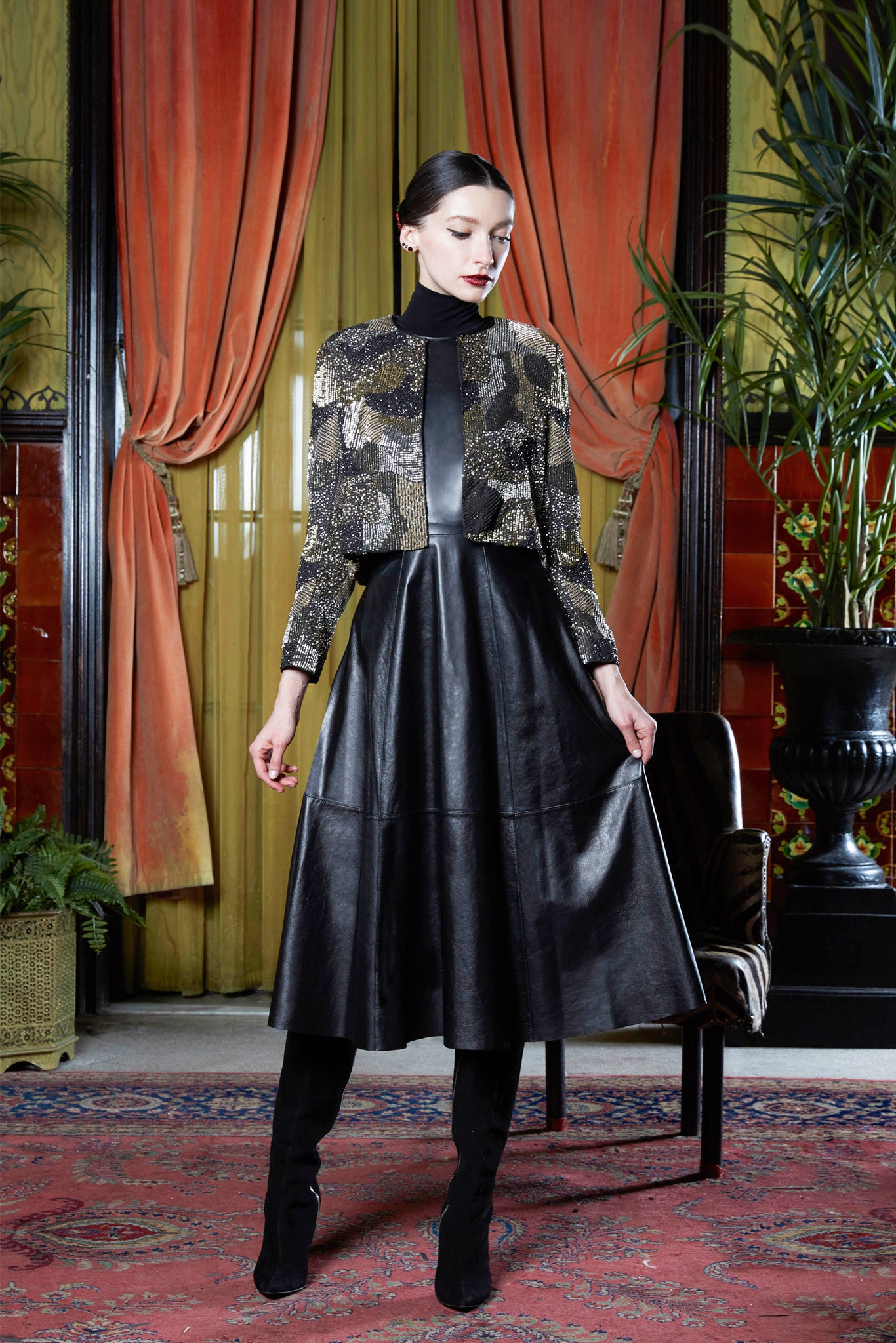 gold silk long-sleeve collared structured embroidered shiny jacket