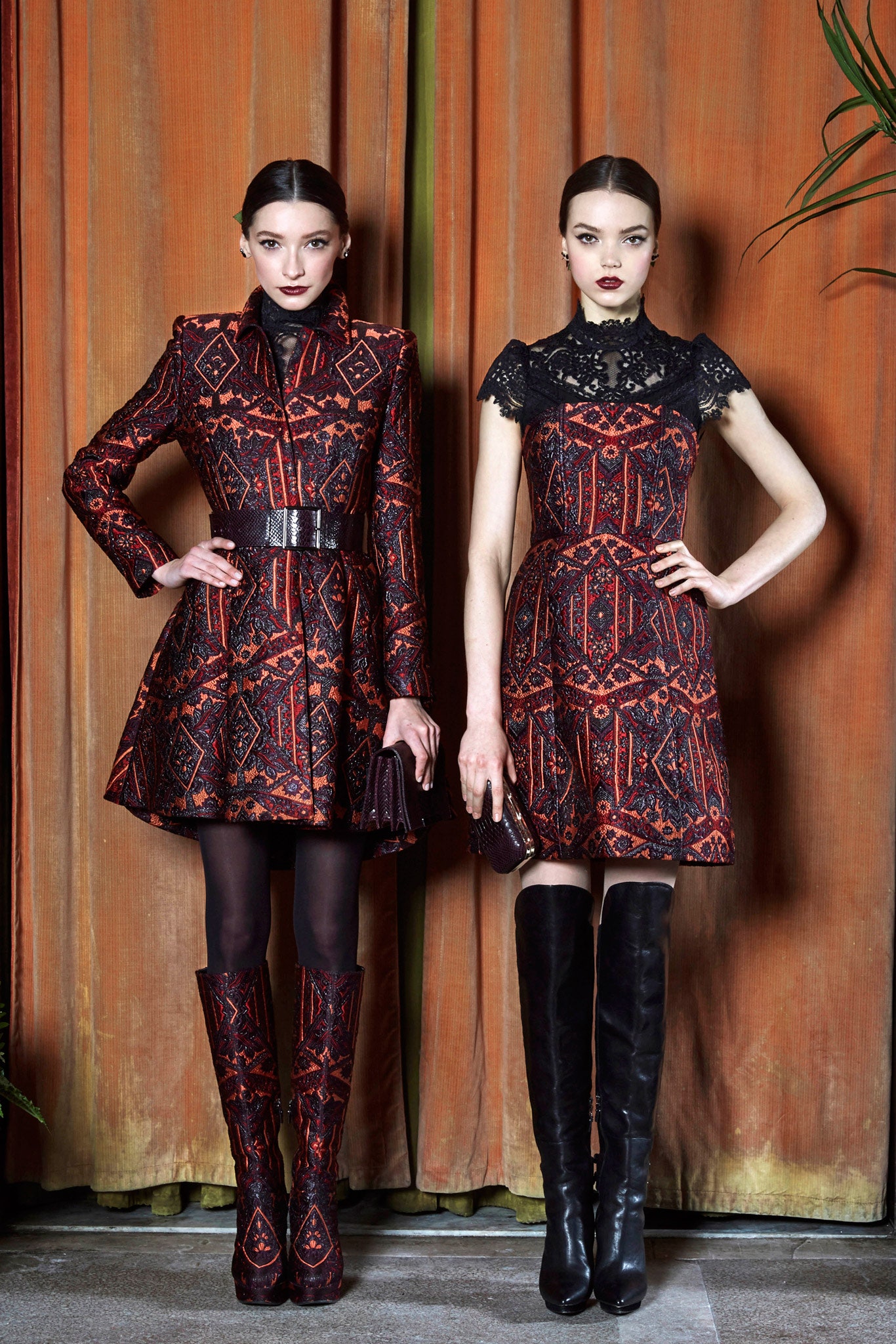 black lace short-sleeve collared fitted flared mini dress