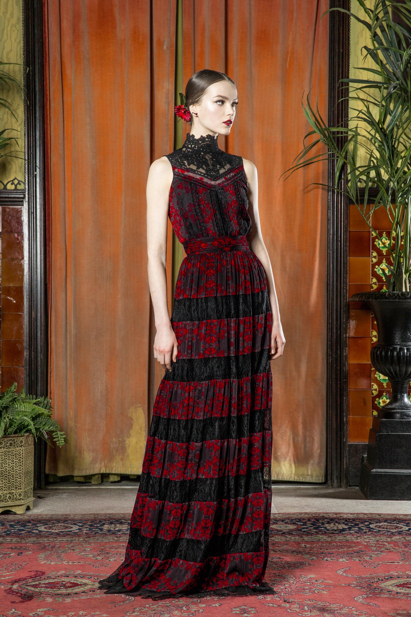 black and red tiered lace gown