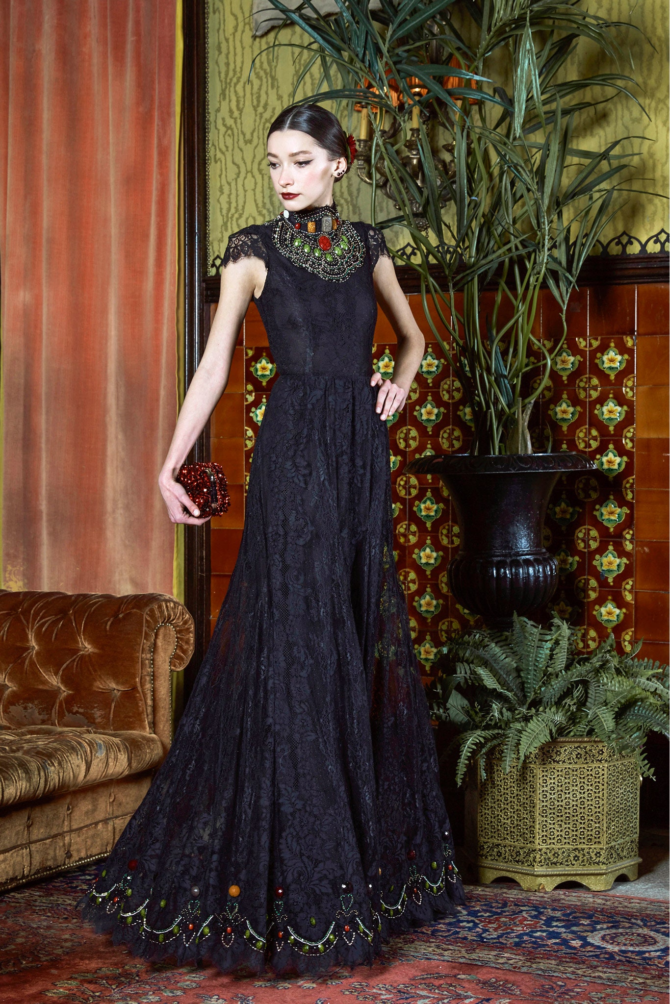 black lace embroidered gown