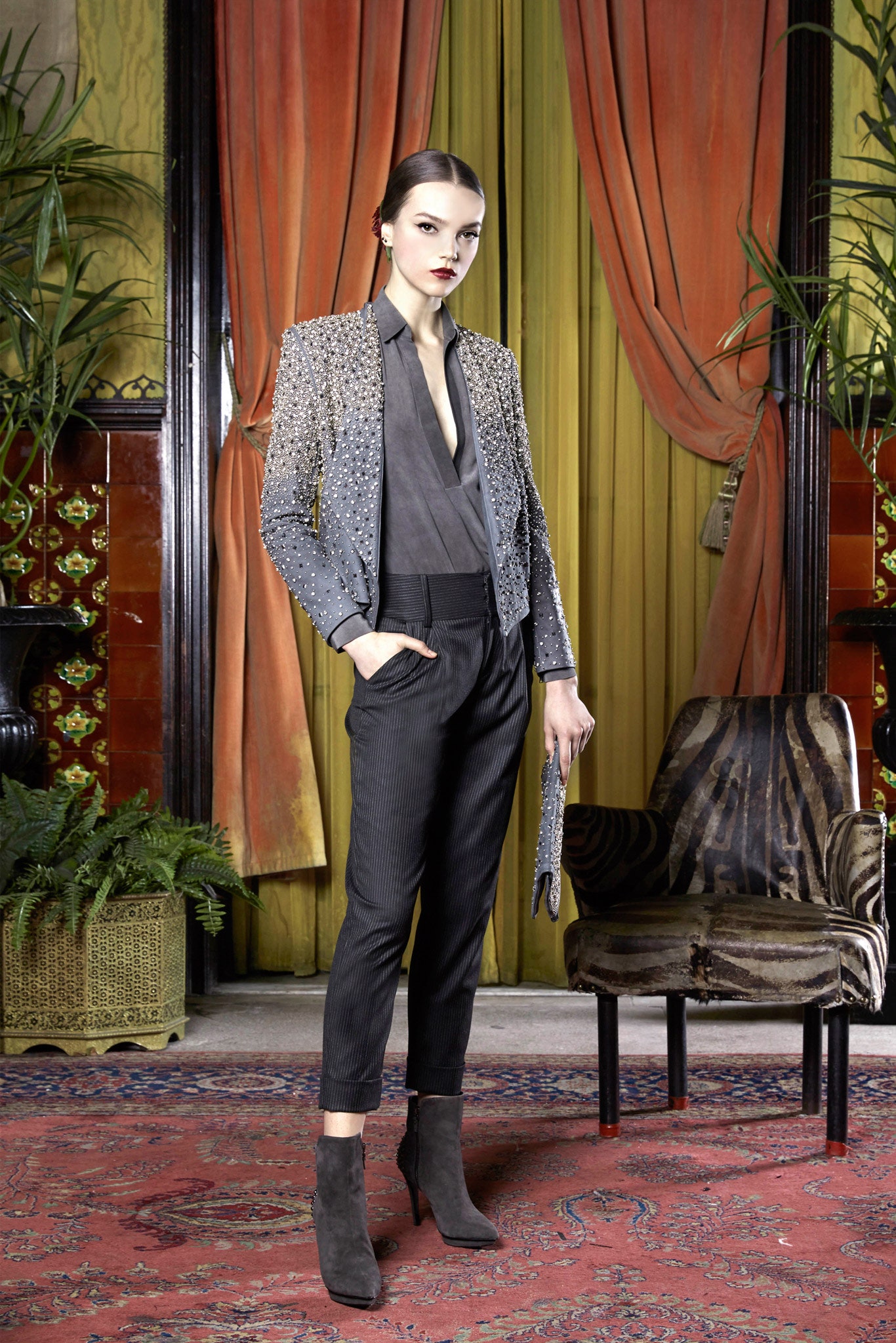 gray beaded blazer with black shirt
