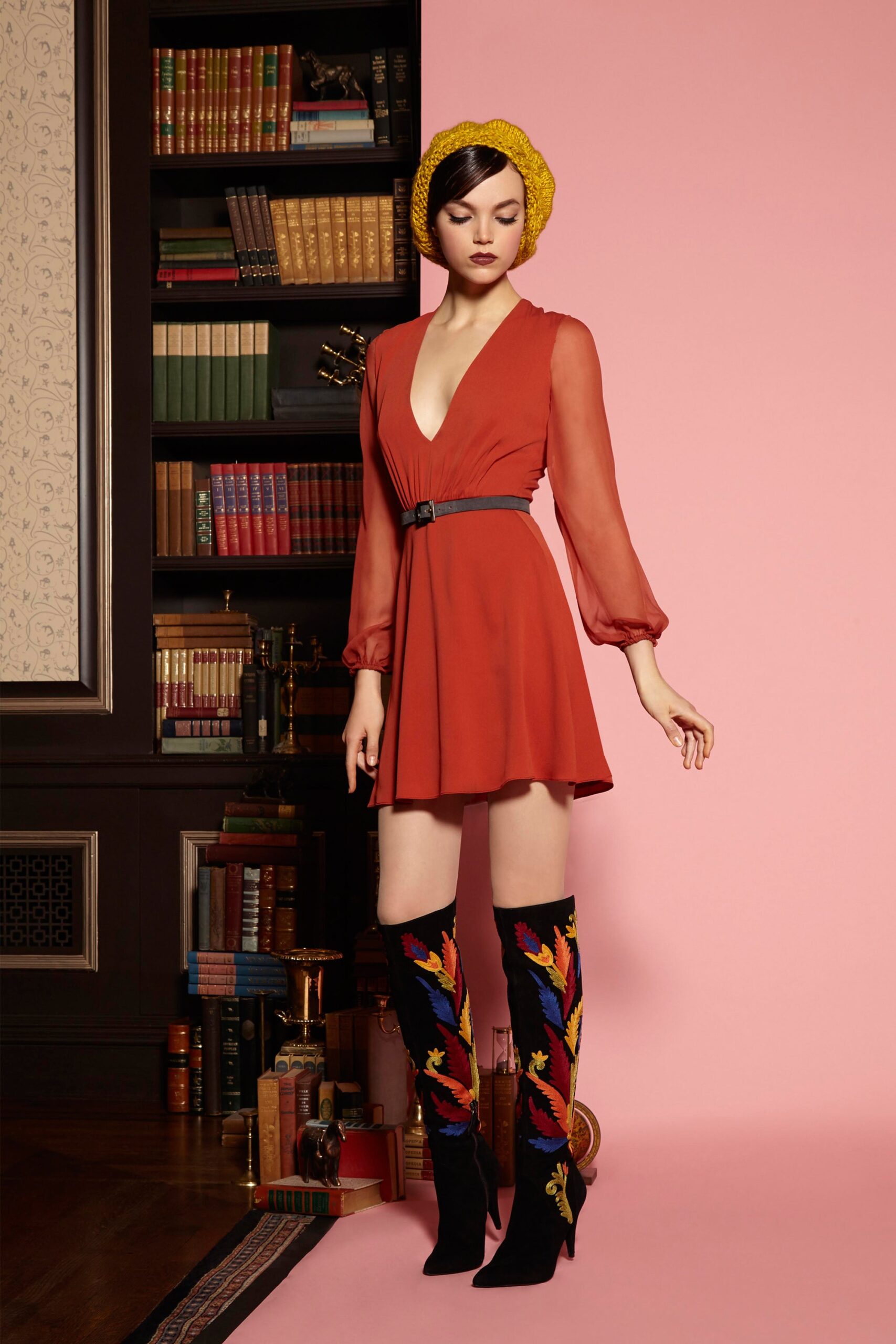 red silk mini dress with embroidered boots