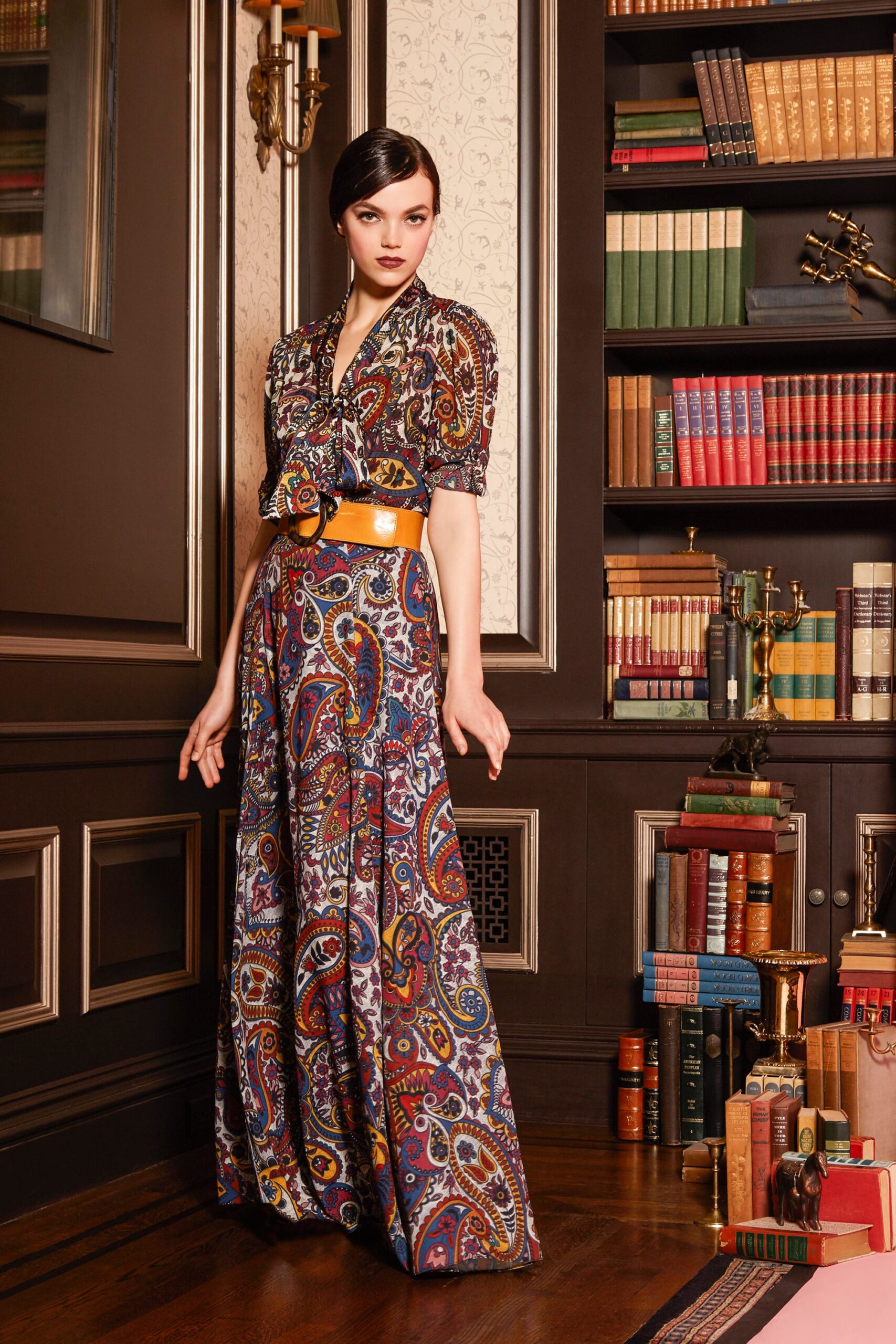 multi-colored printed maxi dress with belt