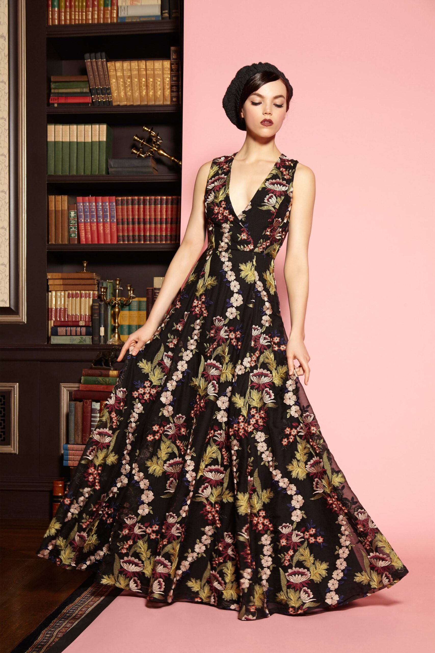 black floral silk maxi dress