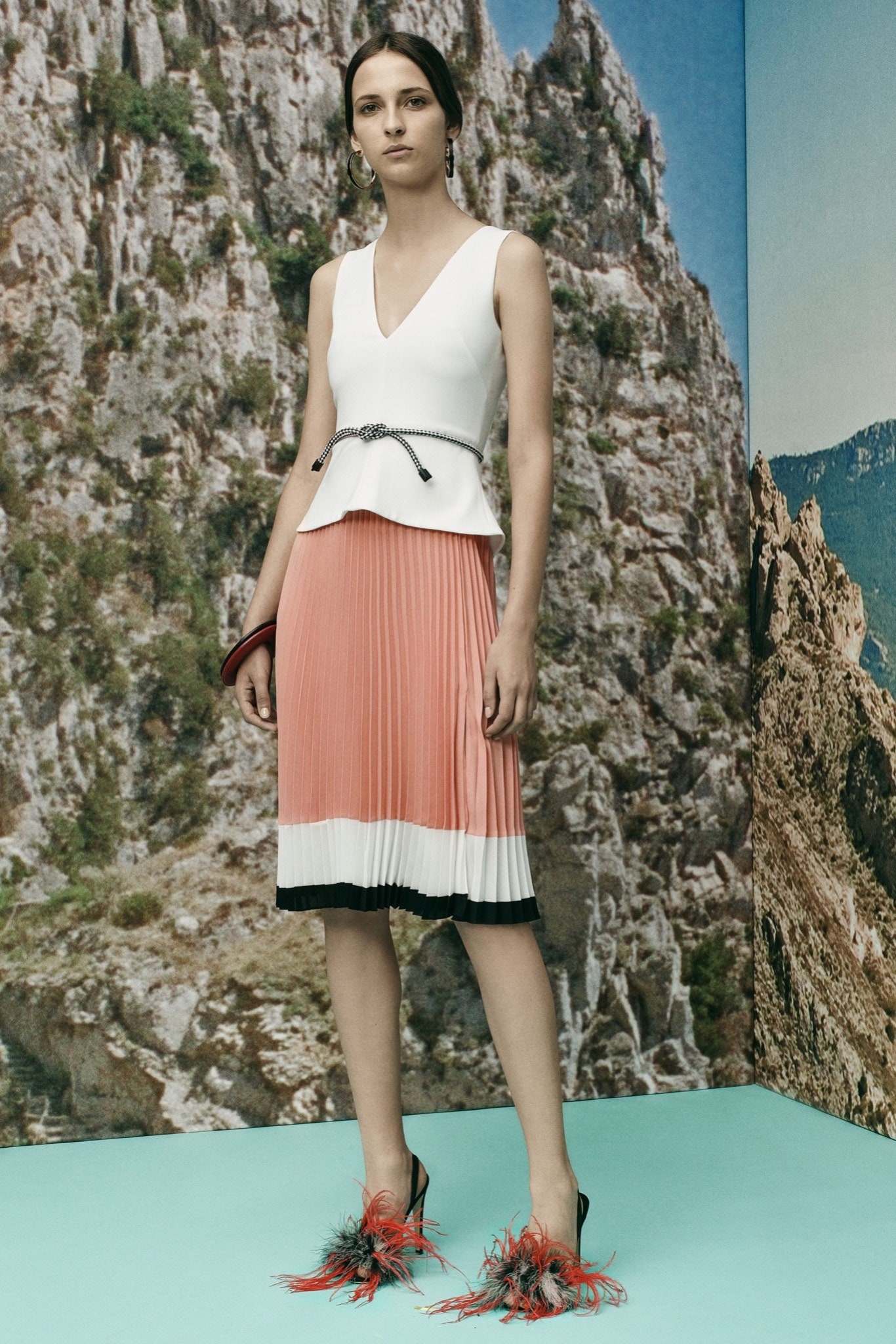 coral silk fitted pleated midi skirt