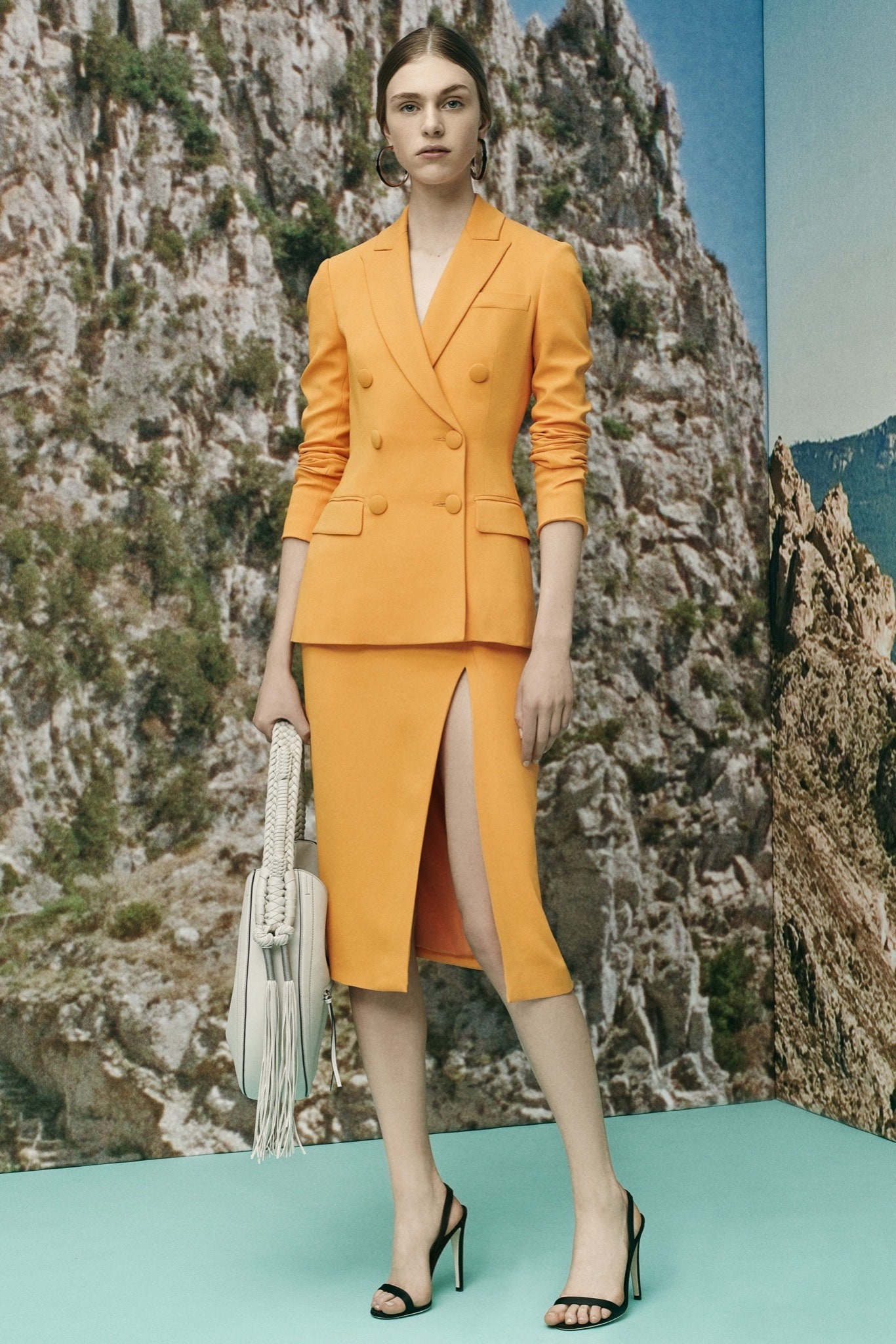 orange long-sleeve double-breasted fitted suit