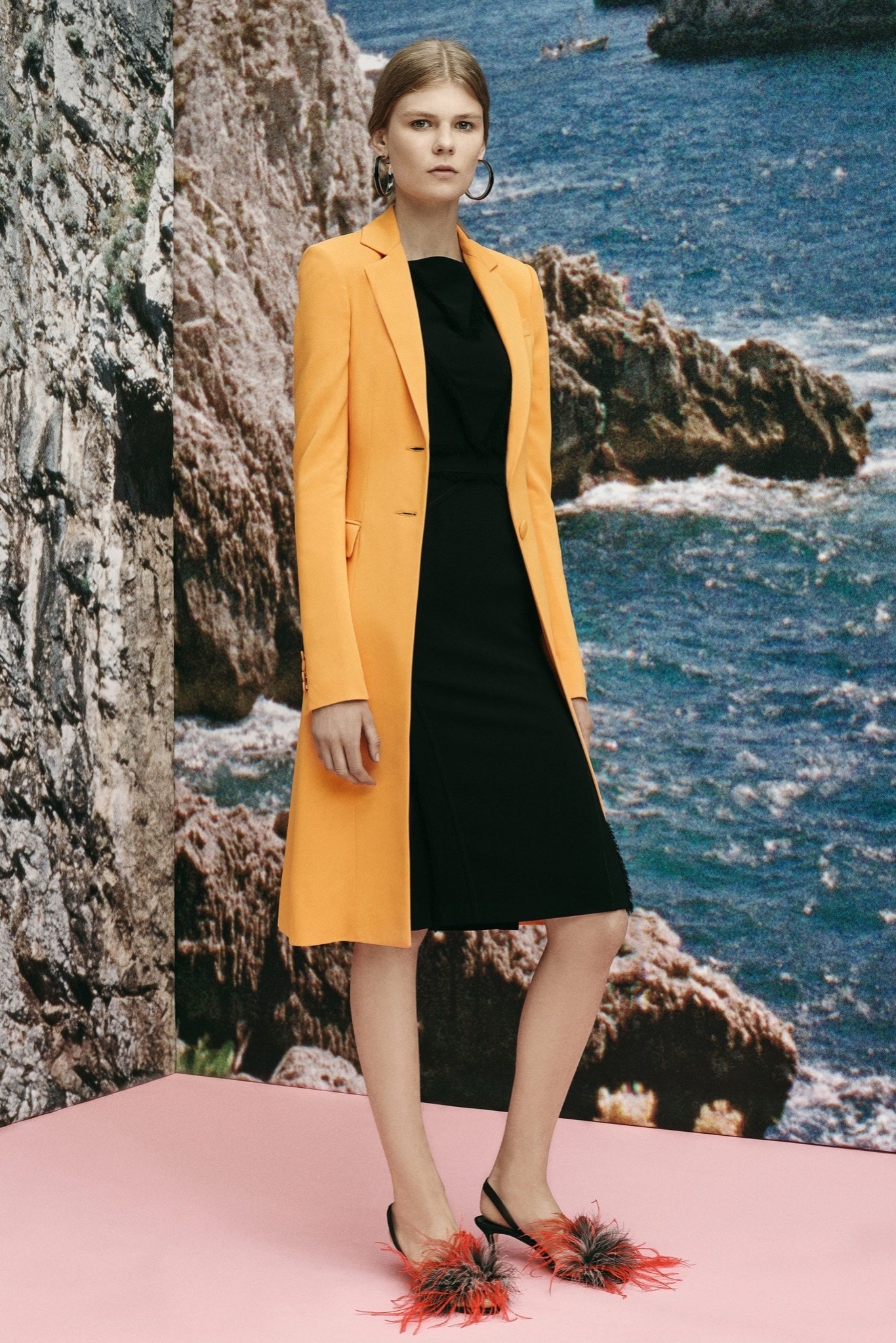 orange tailored blazer black midi dress