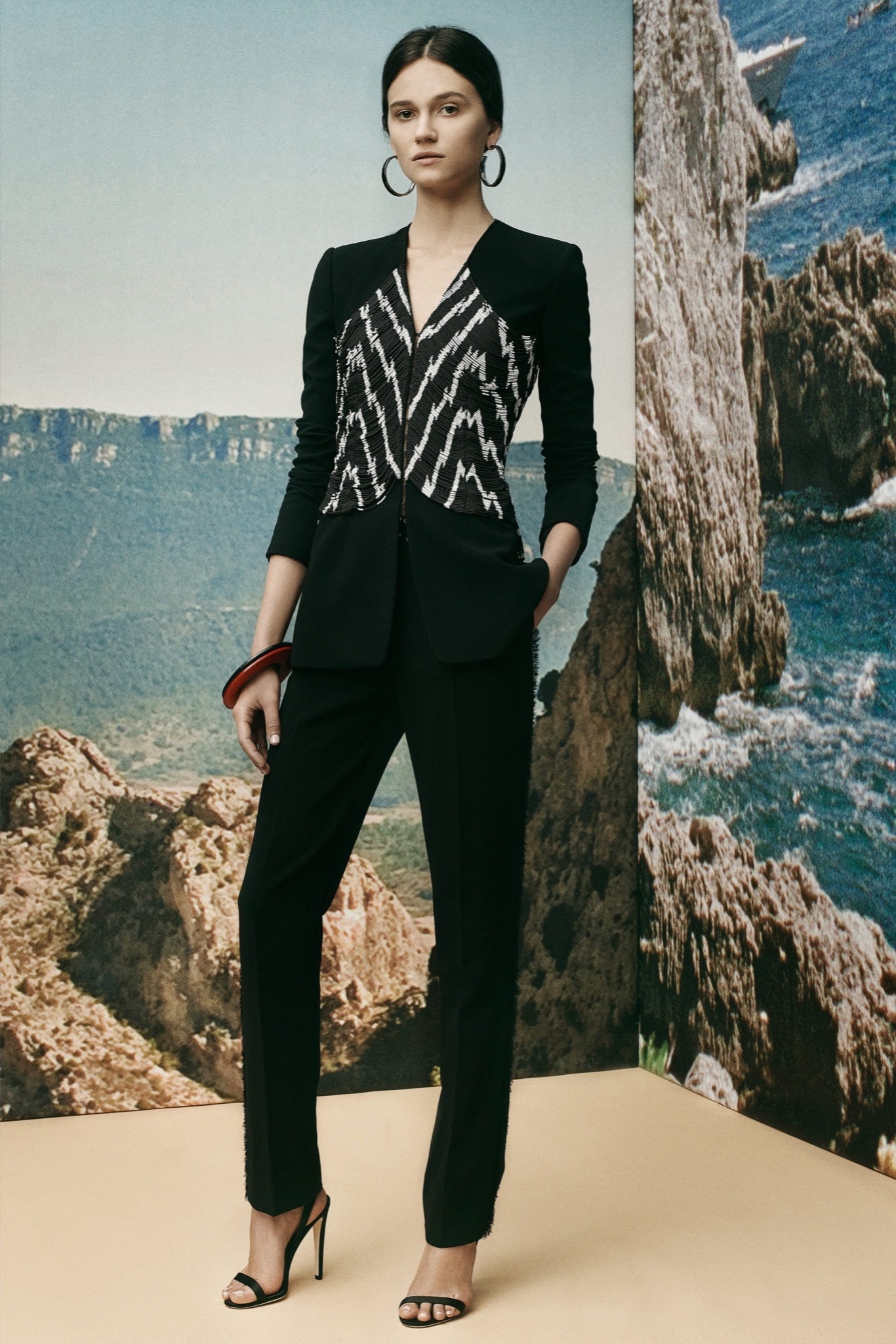 black cotton long-sleeve collared tailored zippered blazer