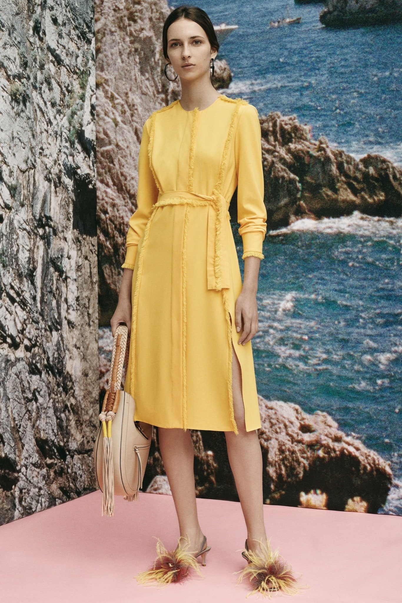 yellow silk long-sleeve collared fitted belted midi dress