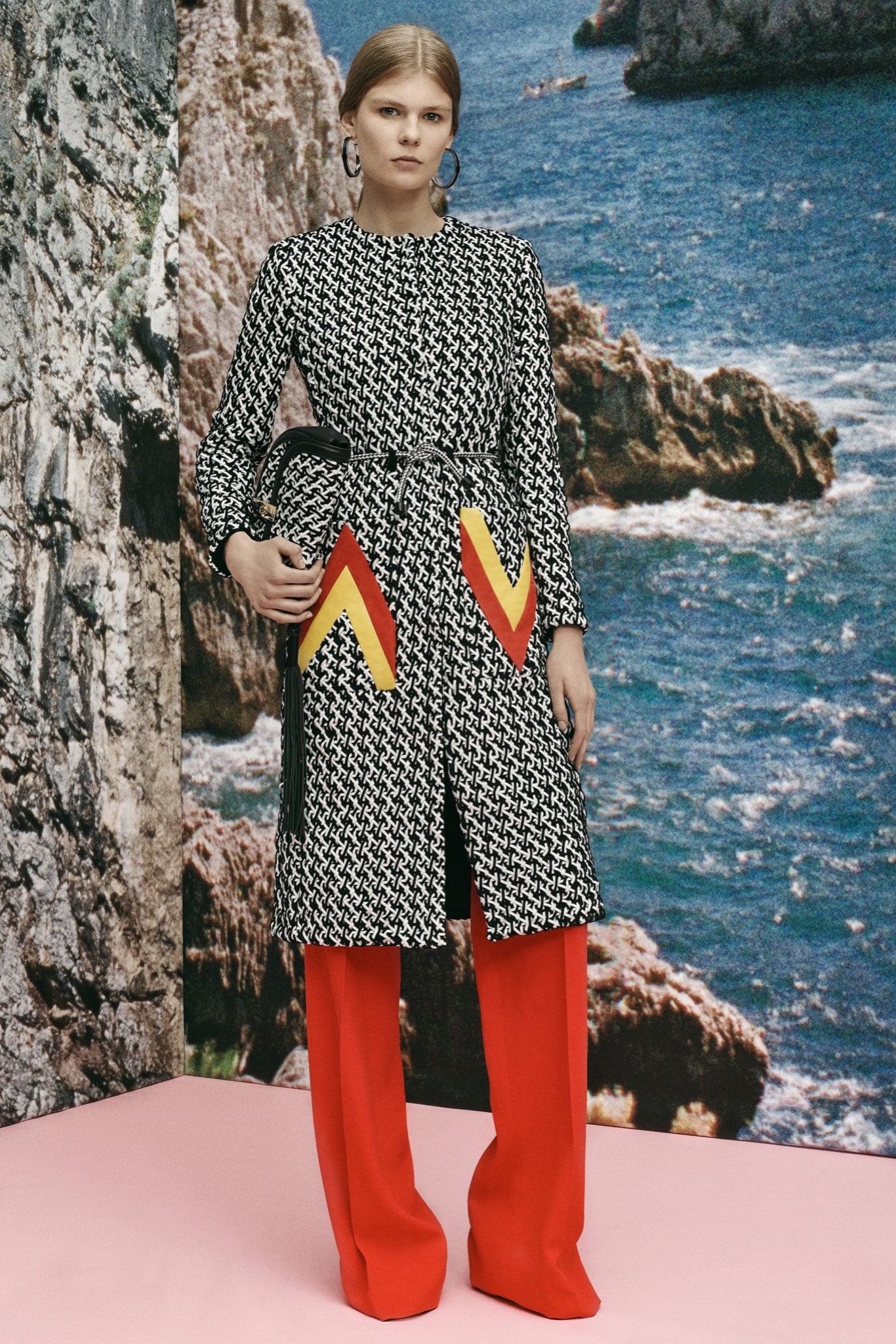 color-blocked coat with wide-leg pants