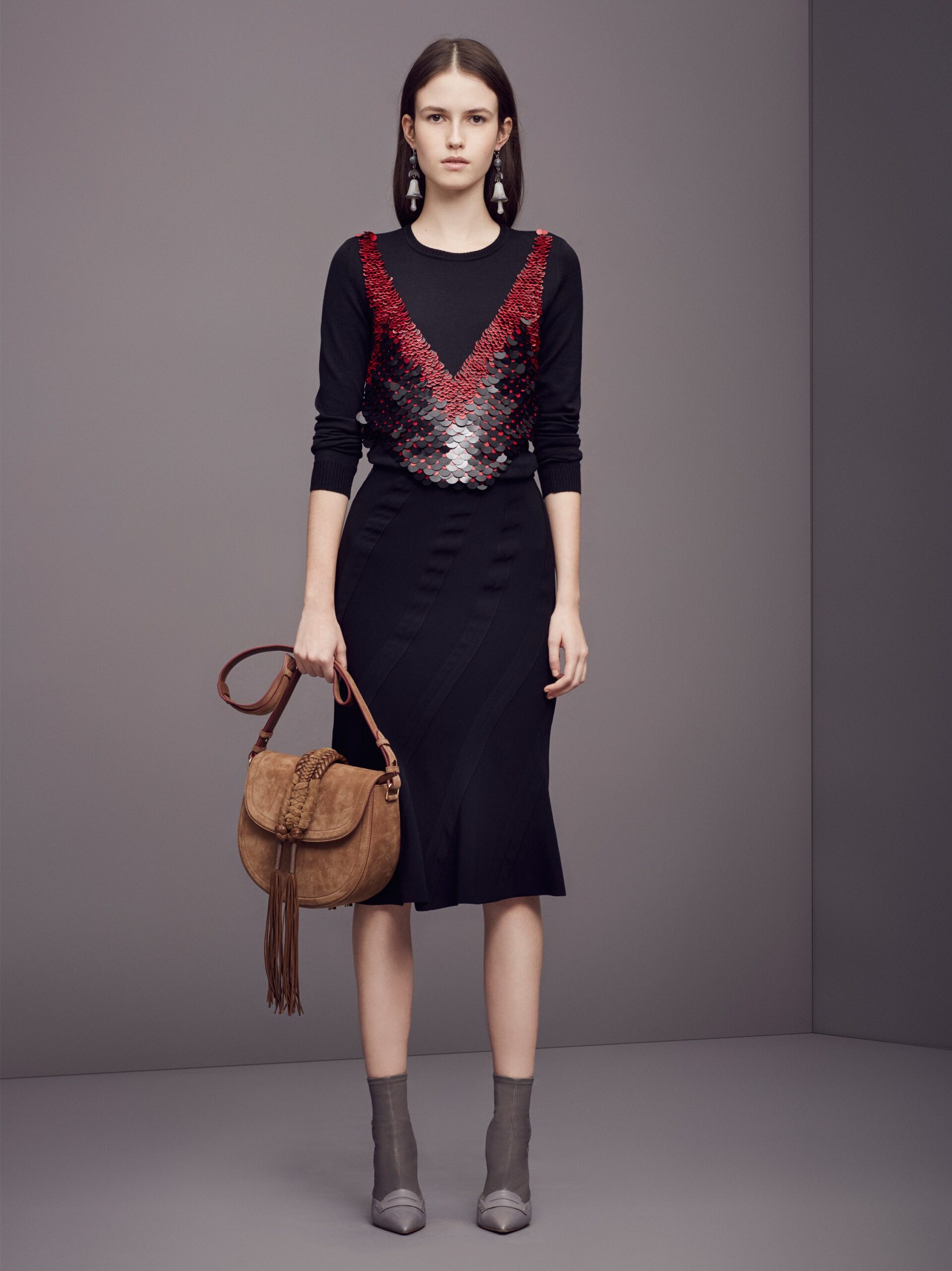 black sequin long-sleeve v-neck fitted embellished top