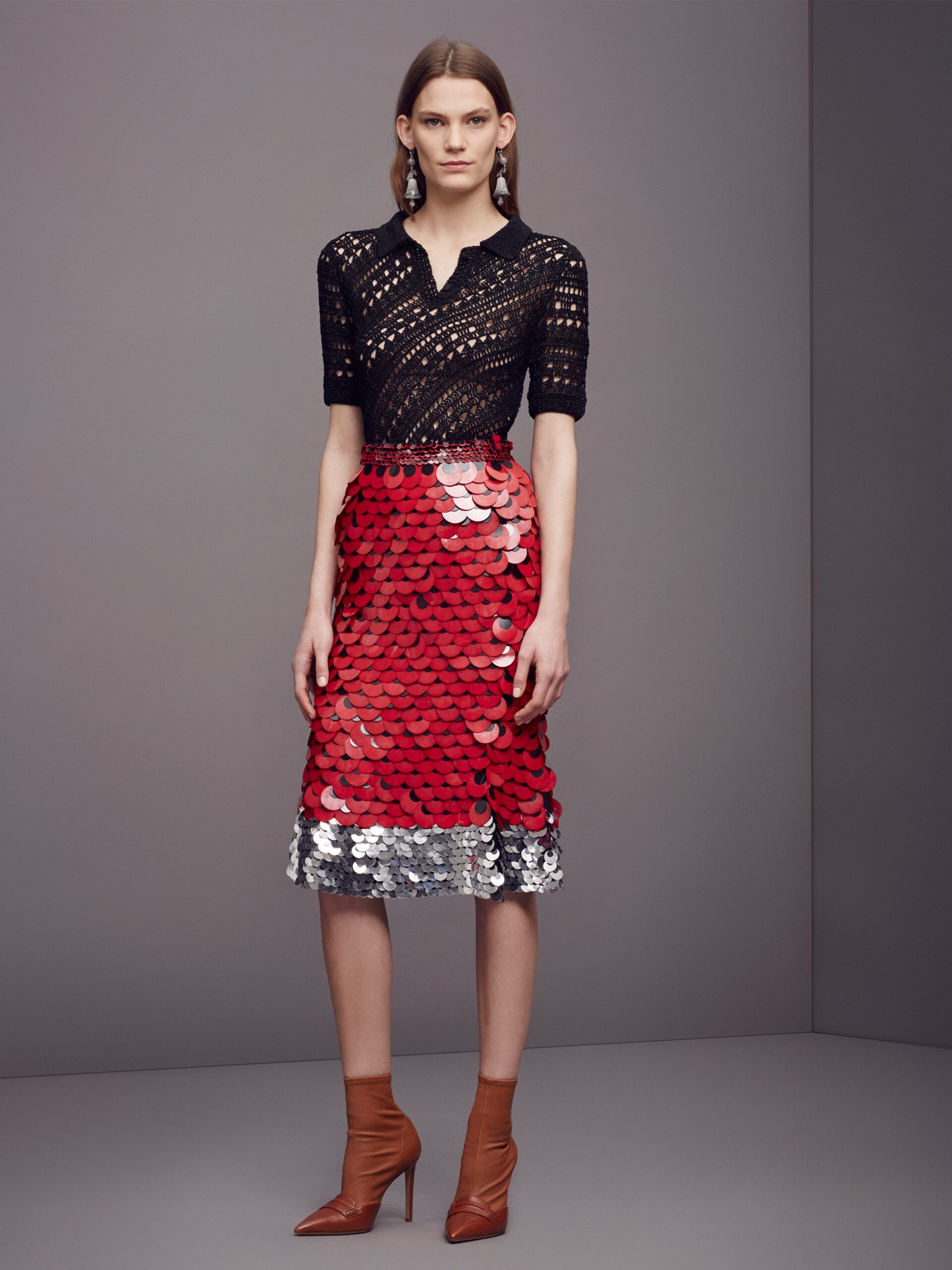 red sequin fitted pencil shiny midi skirt