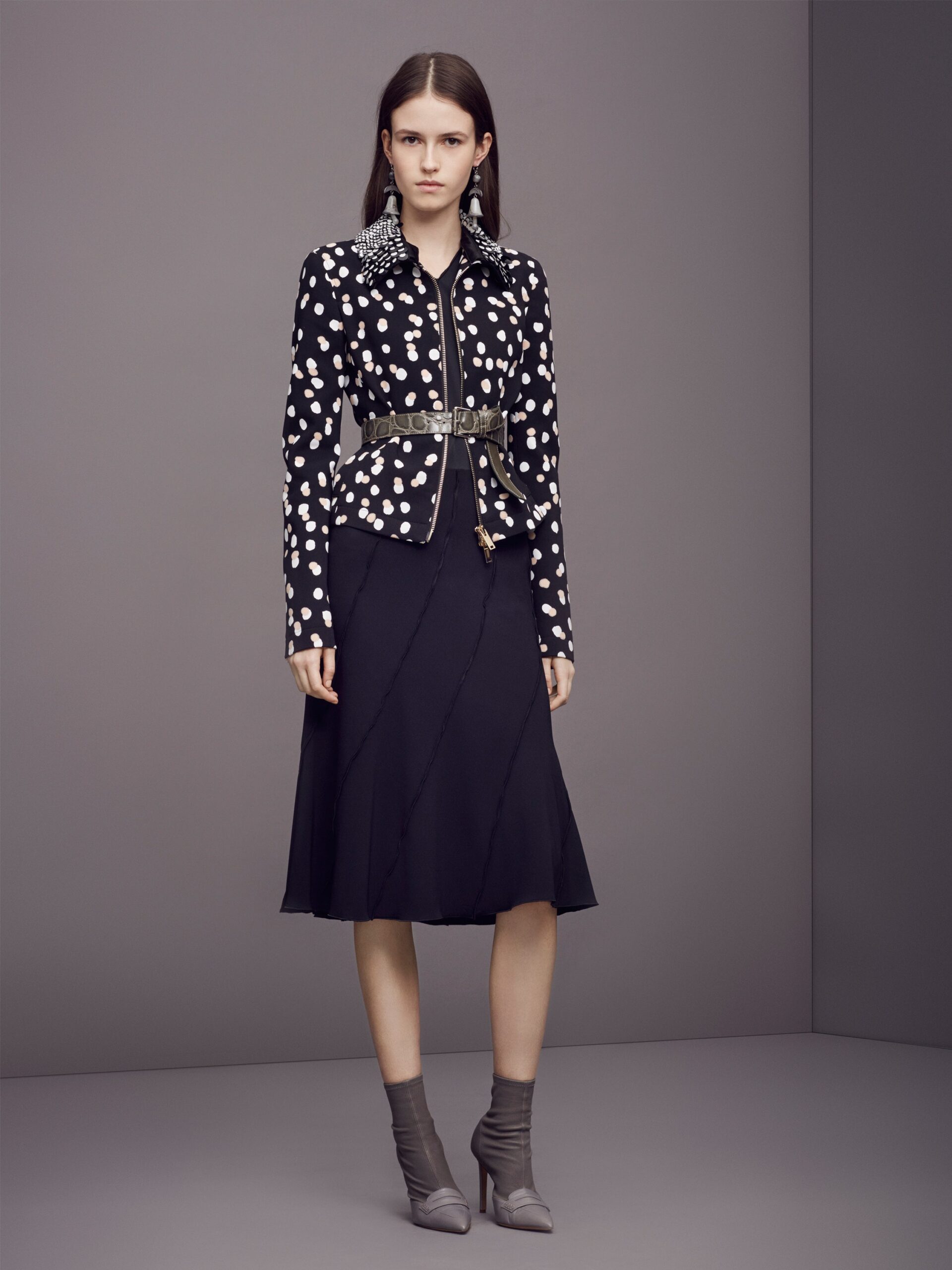black and white printed jacket with a-line skirt