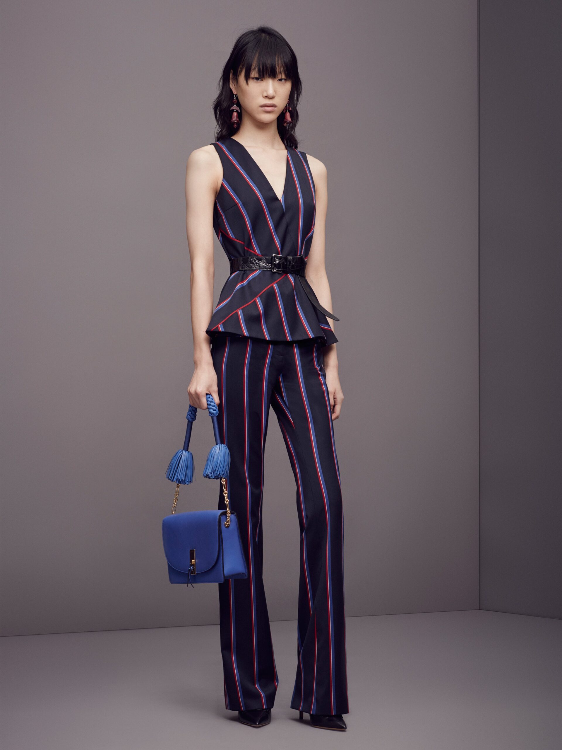fitted striped top and flared pants