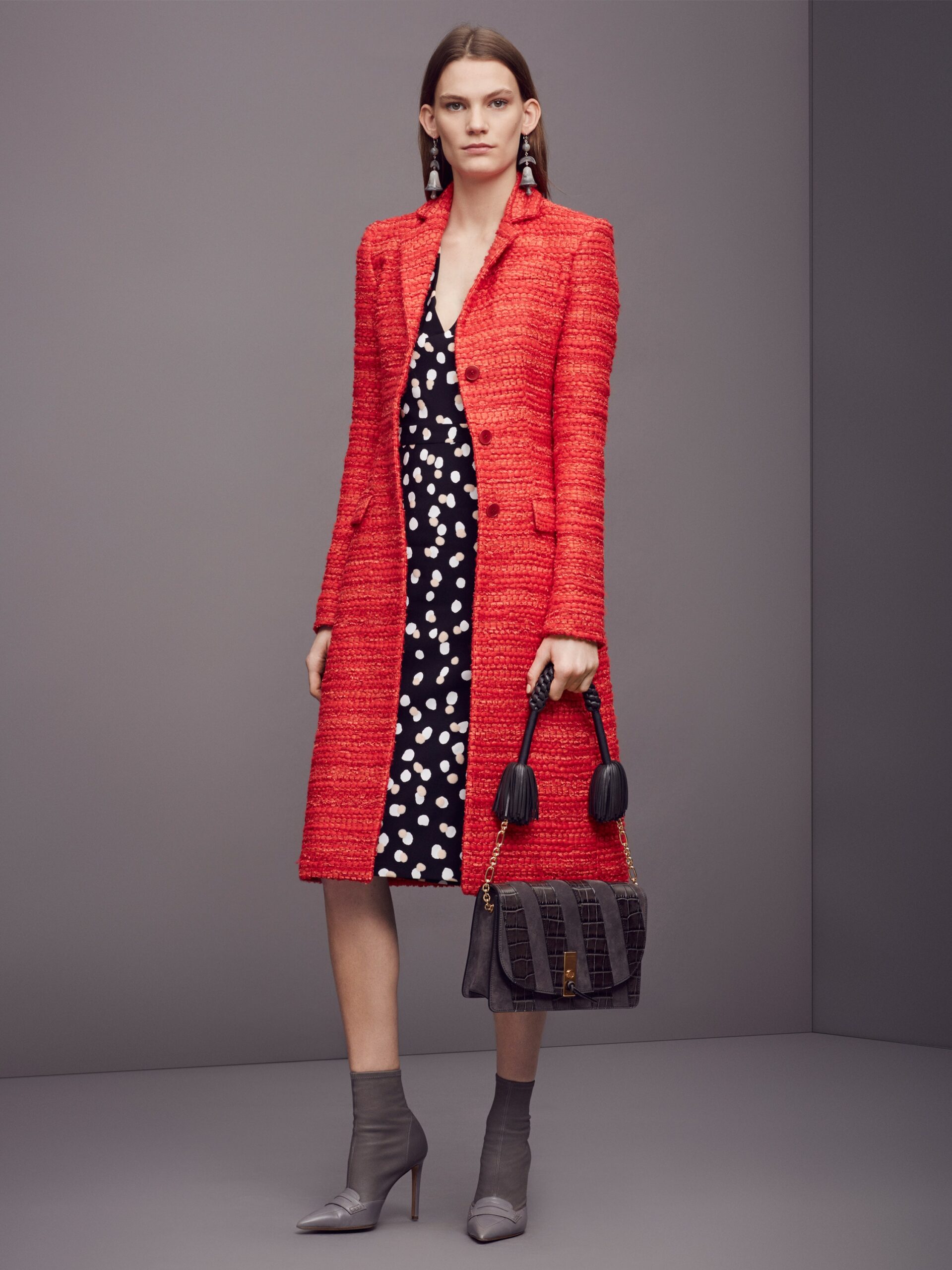 red tweed coat with black dress