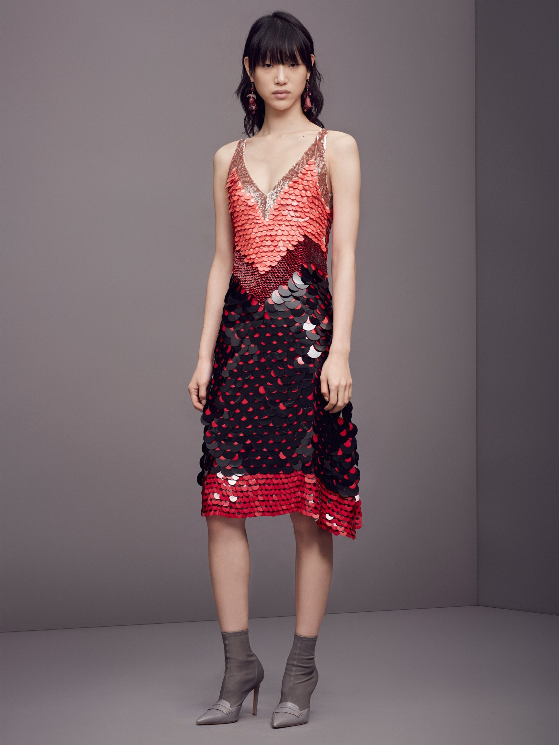 red sequin sleeveless v-neck fitted layered draped dress
