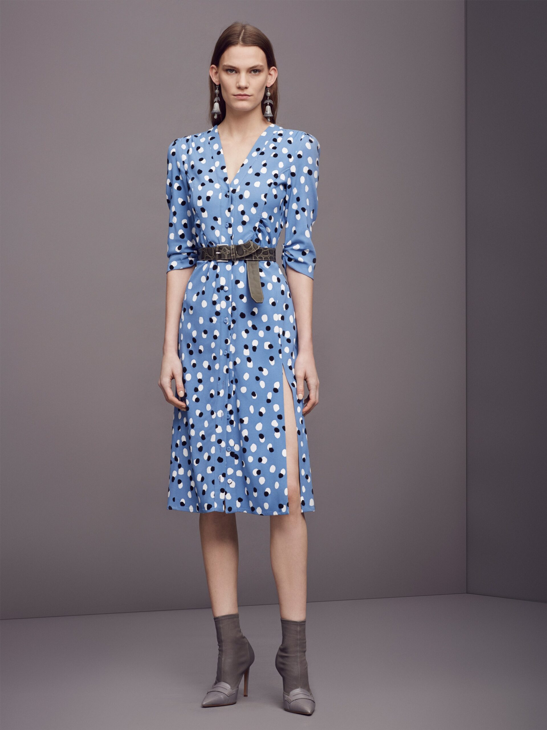 blue polka-dot belted midi dress