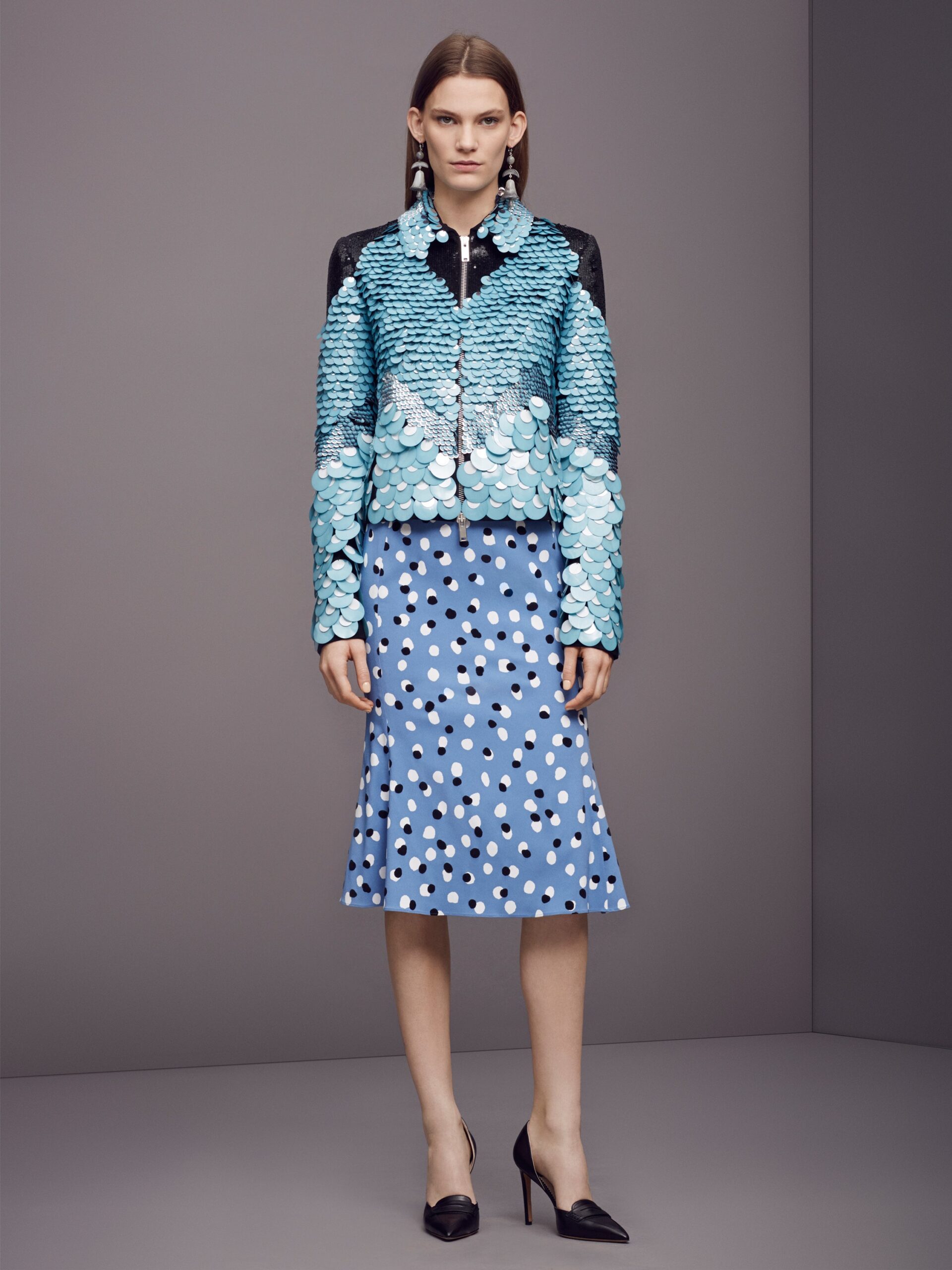 blue silk fitted flared polka-dot midi skirt