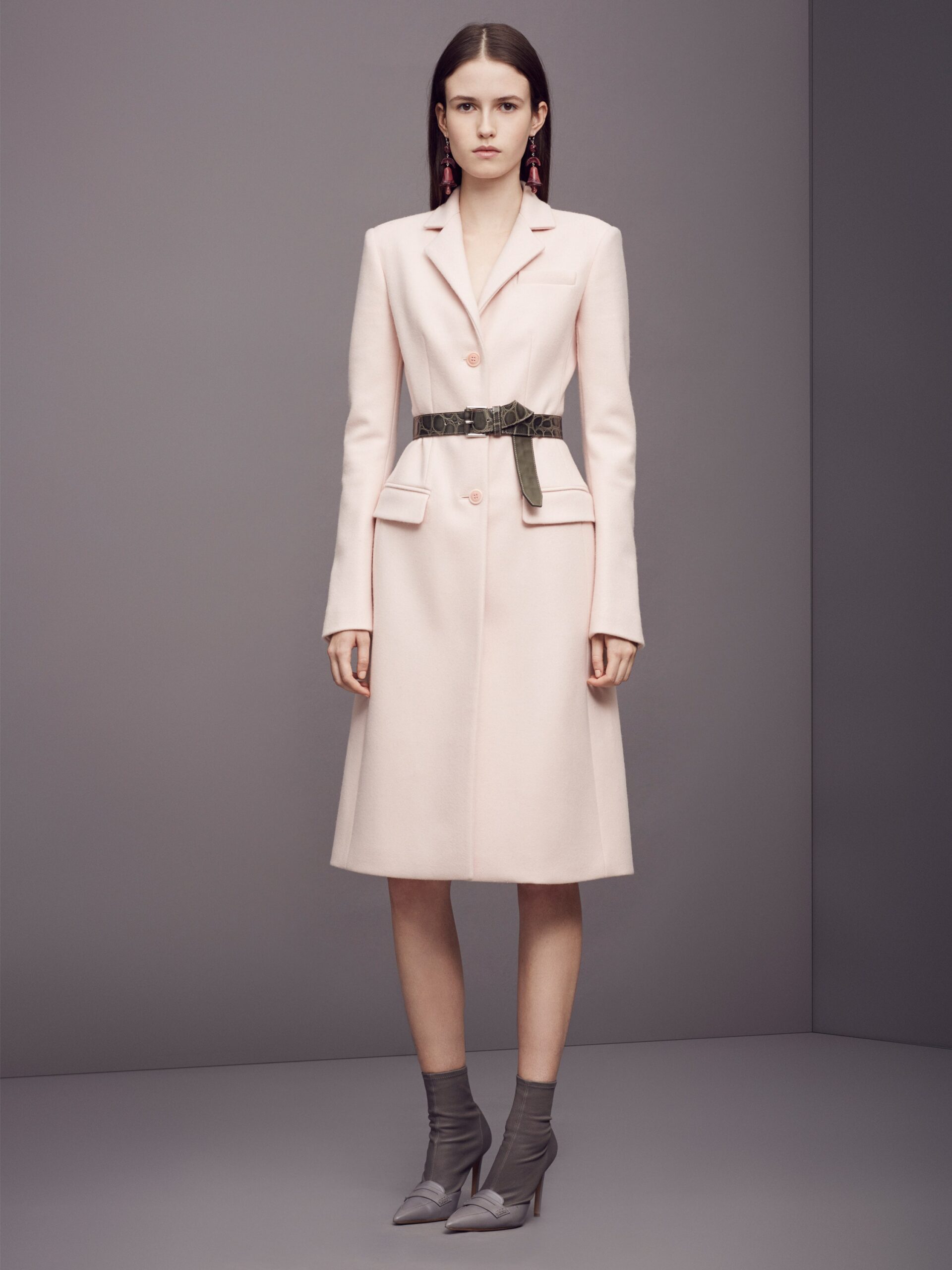 pink wool long-sleeve collared fitted buttoned belted coat