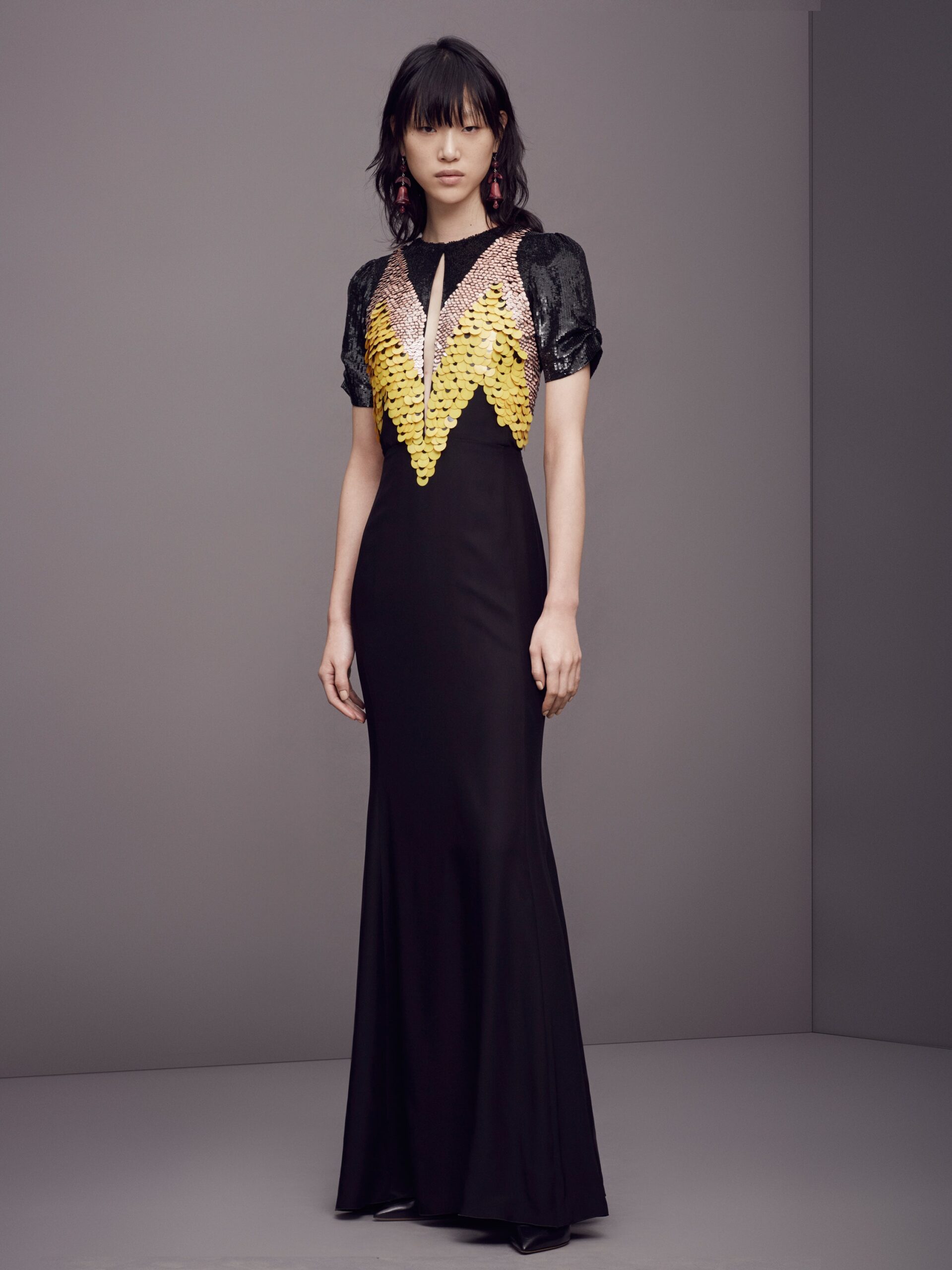 black silk embellished gown