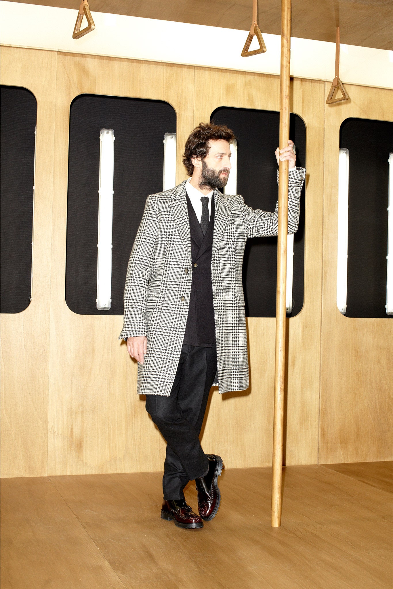 checked wool coat with tailored vest