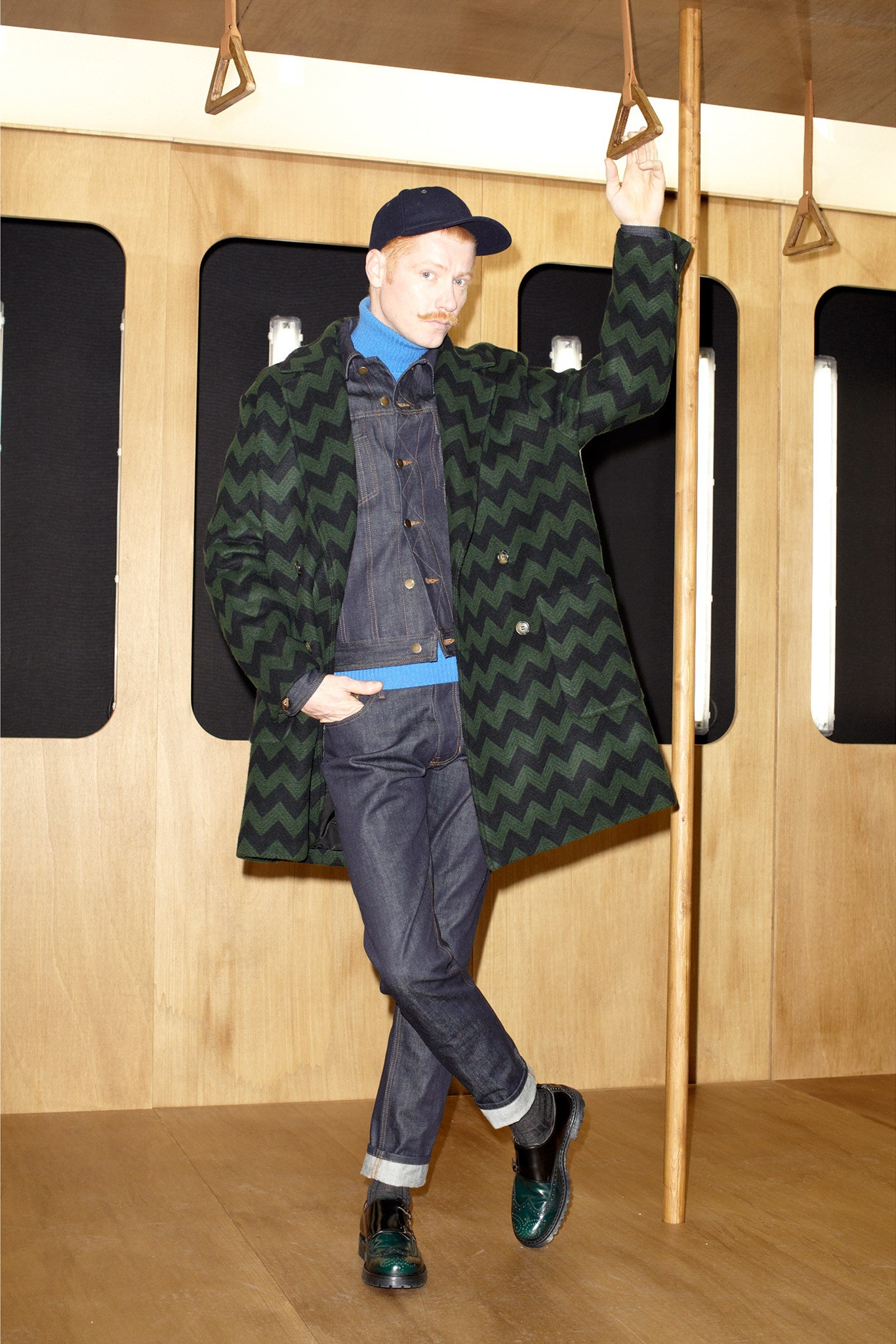 green black zigzag coat with denim jacket