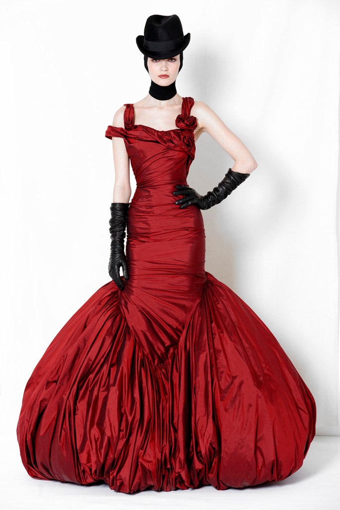 red silk fitted gown