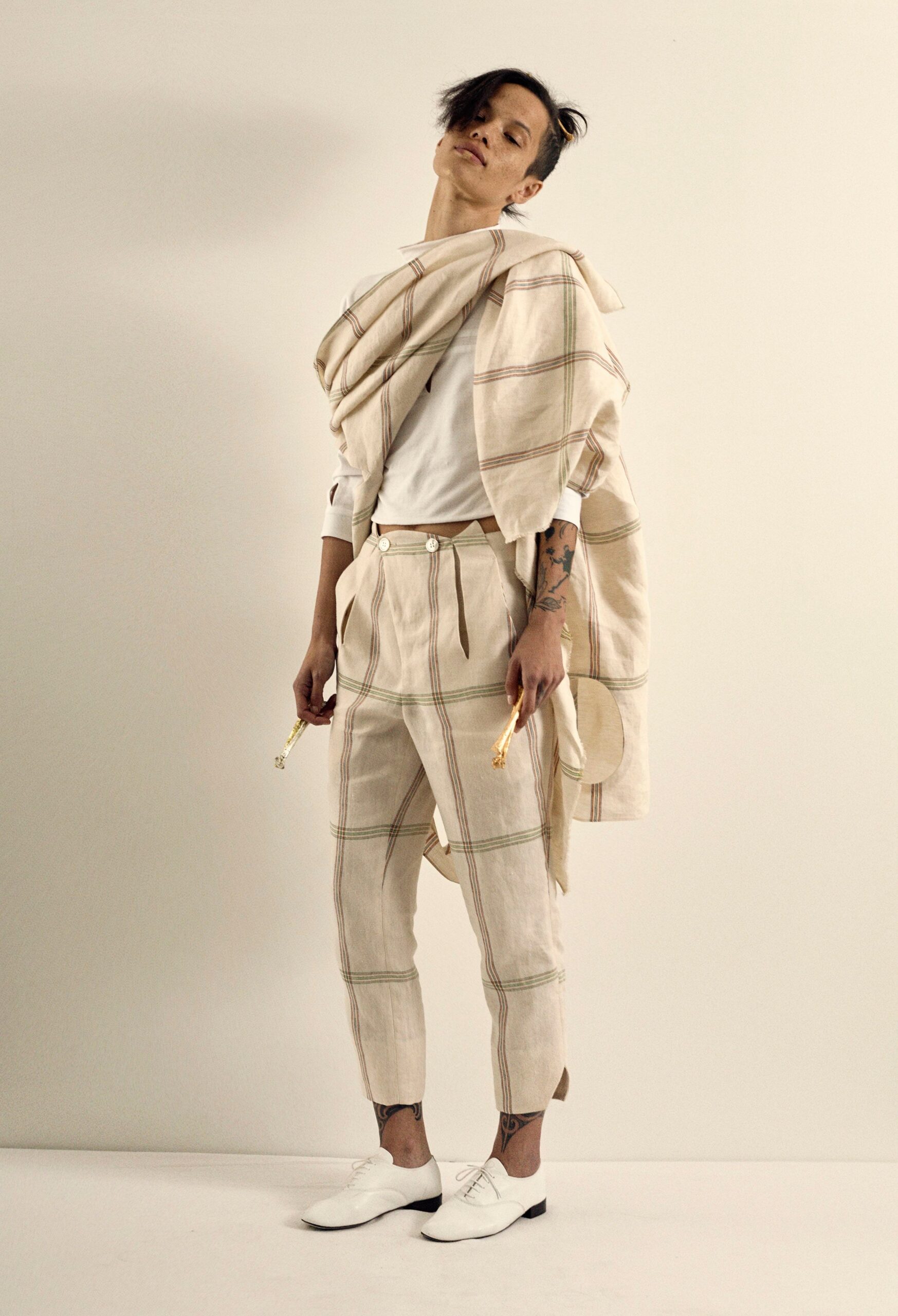 beige cotton oversized layered cape