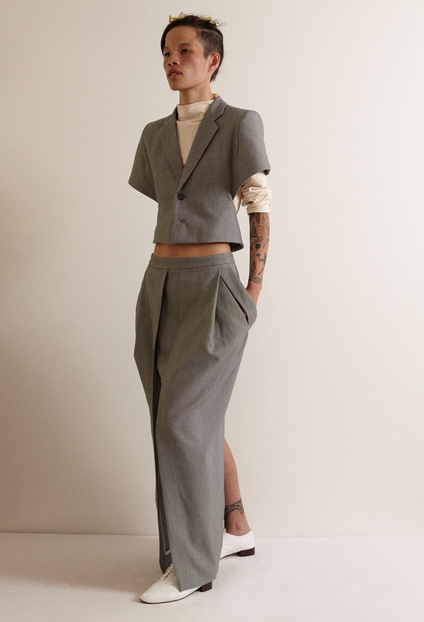 gray tailored blazer with relaxed pants