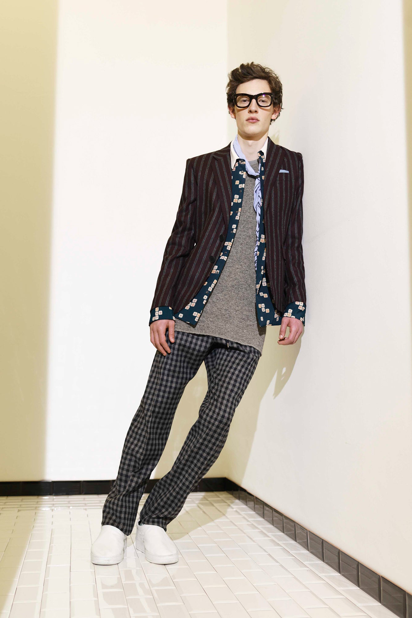 tailored striped blazer with relaxed sweater