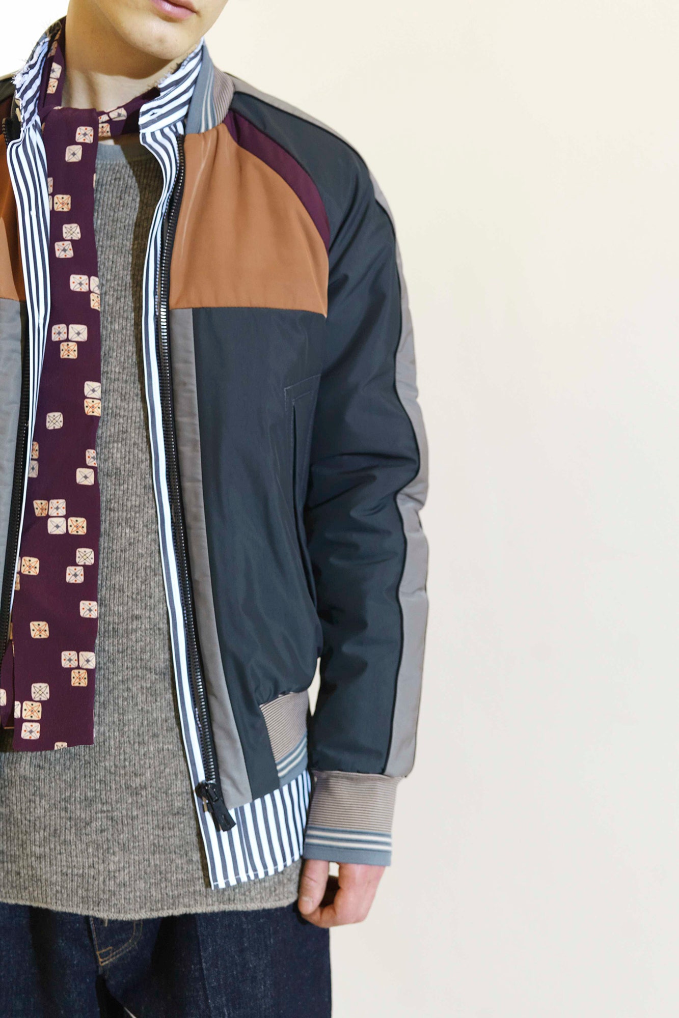 color-blocked jacket with sweater