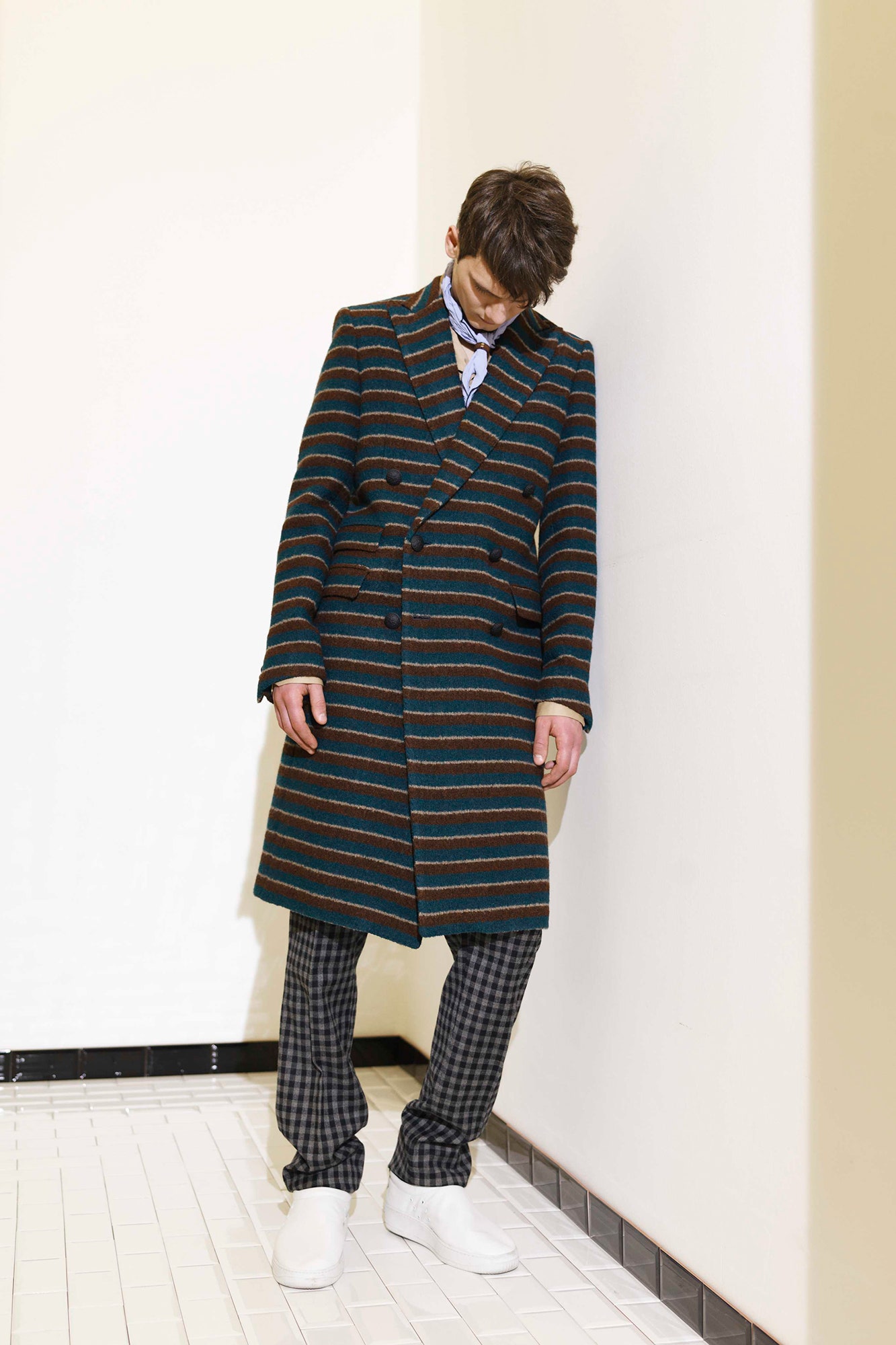 striped wool coat with tailored pants