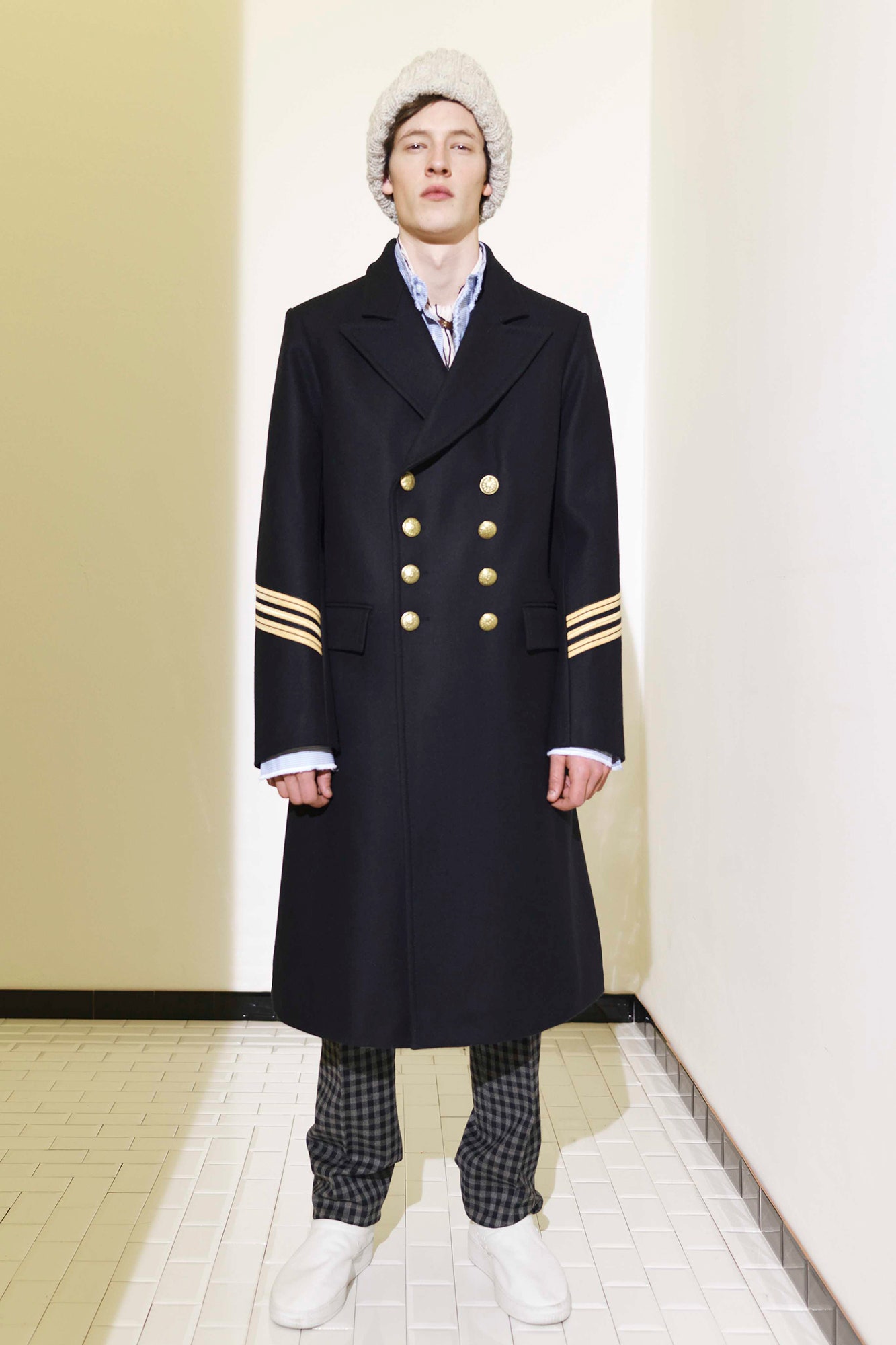 black wool coat with gold buttons