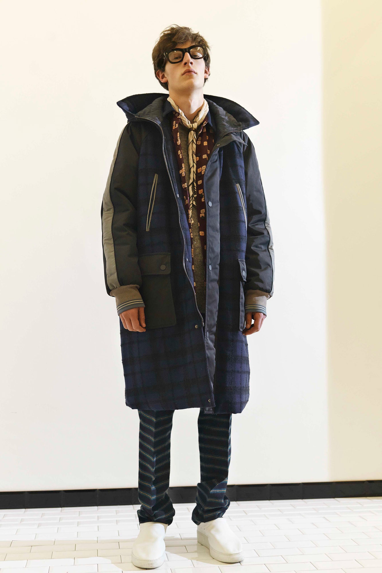 blue relaxed coat with printed shirt