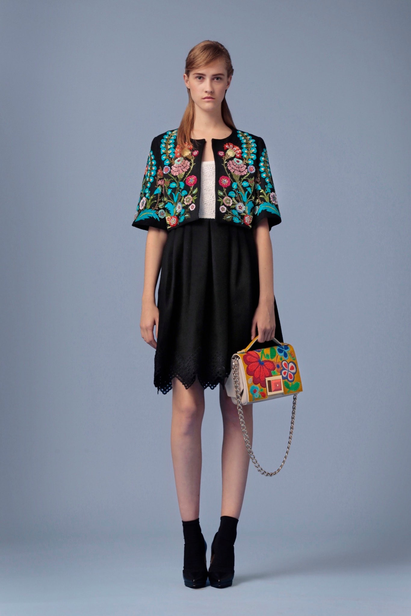 black cotton short-sleeve structured embroidered jacket