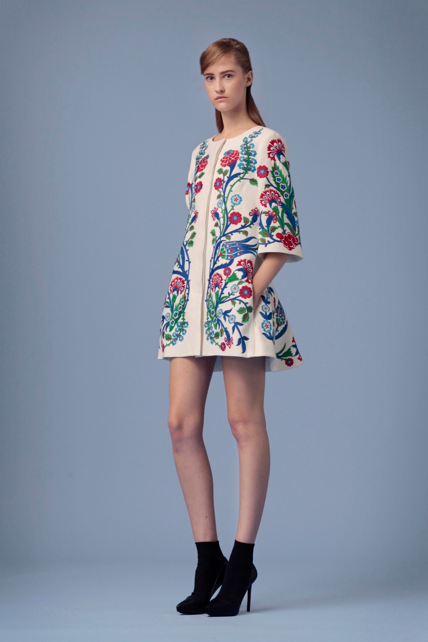 beige embroidered mini dress