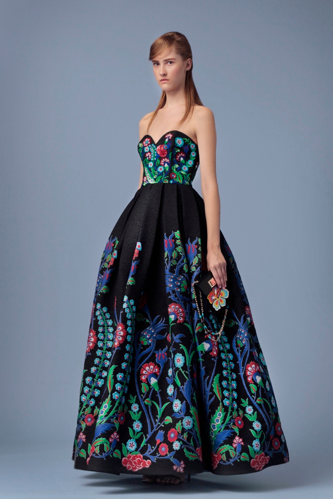 black embroidered strapless gown