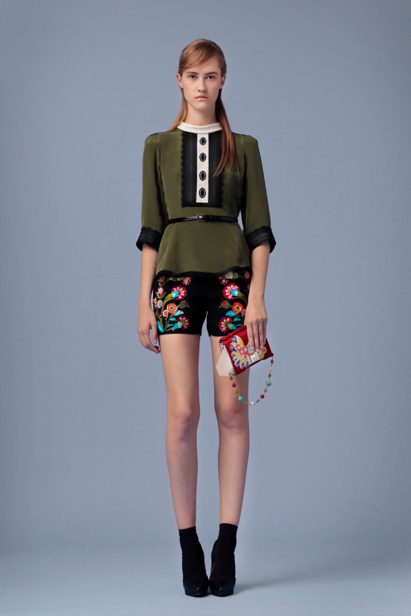 green silk long-sleeve collared fitted buttoned top