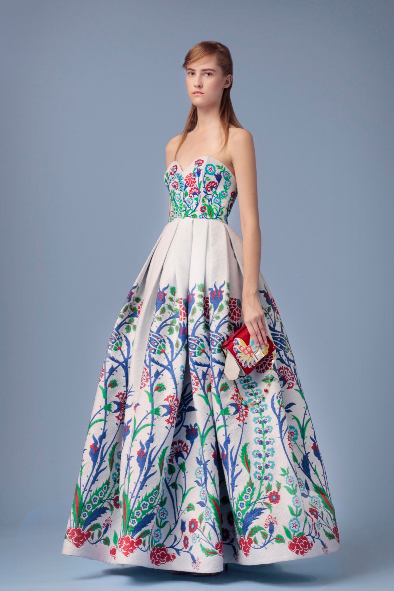 embroidered strapless maxi gown