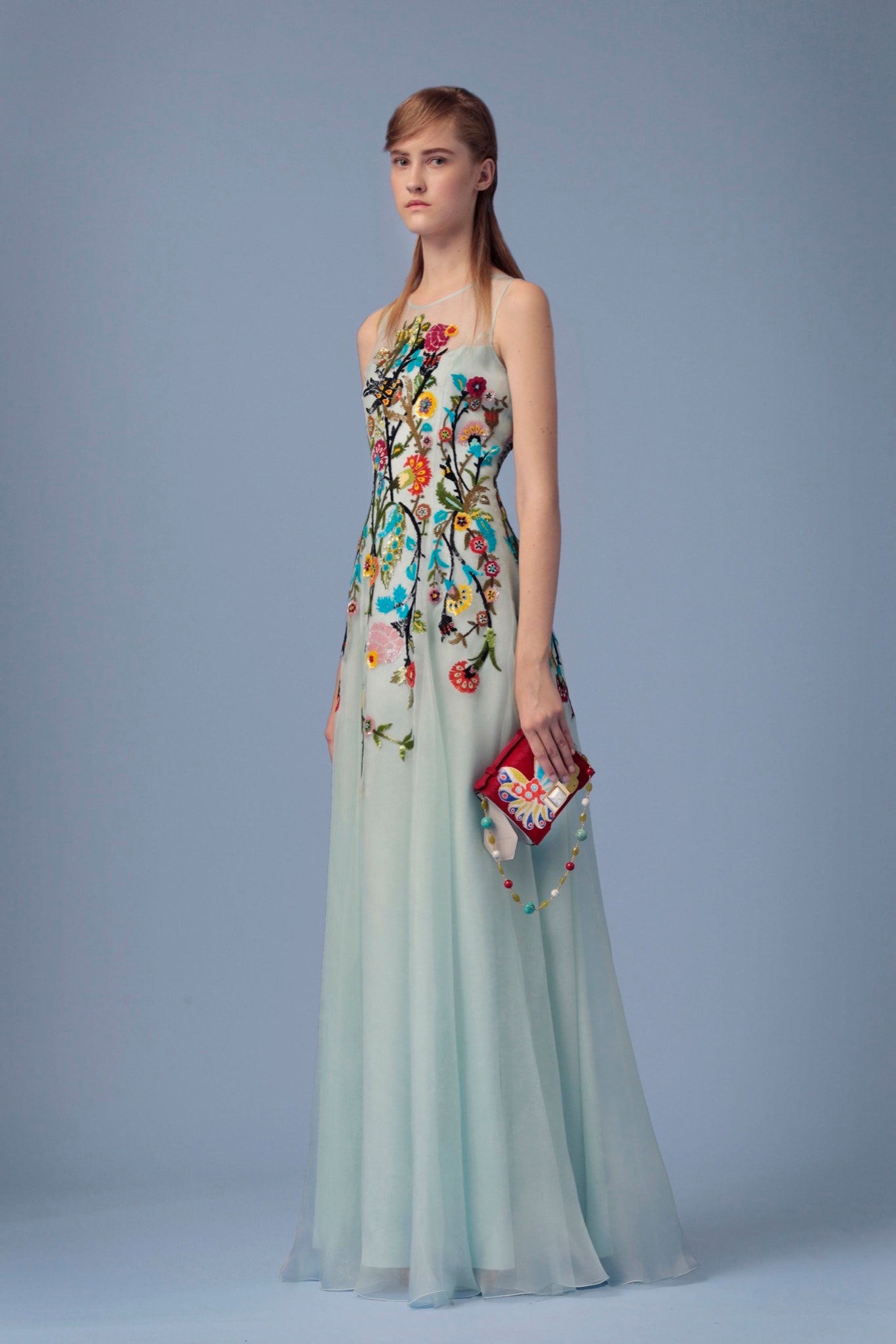 blue silk sleeveless v-neck fitted embroidered gown