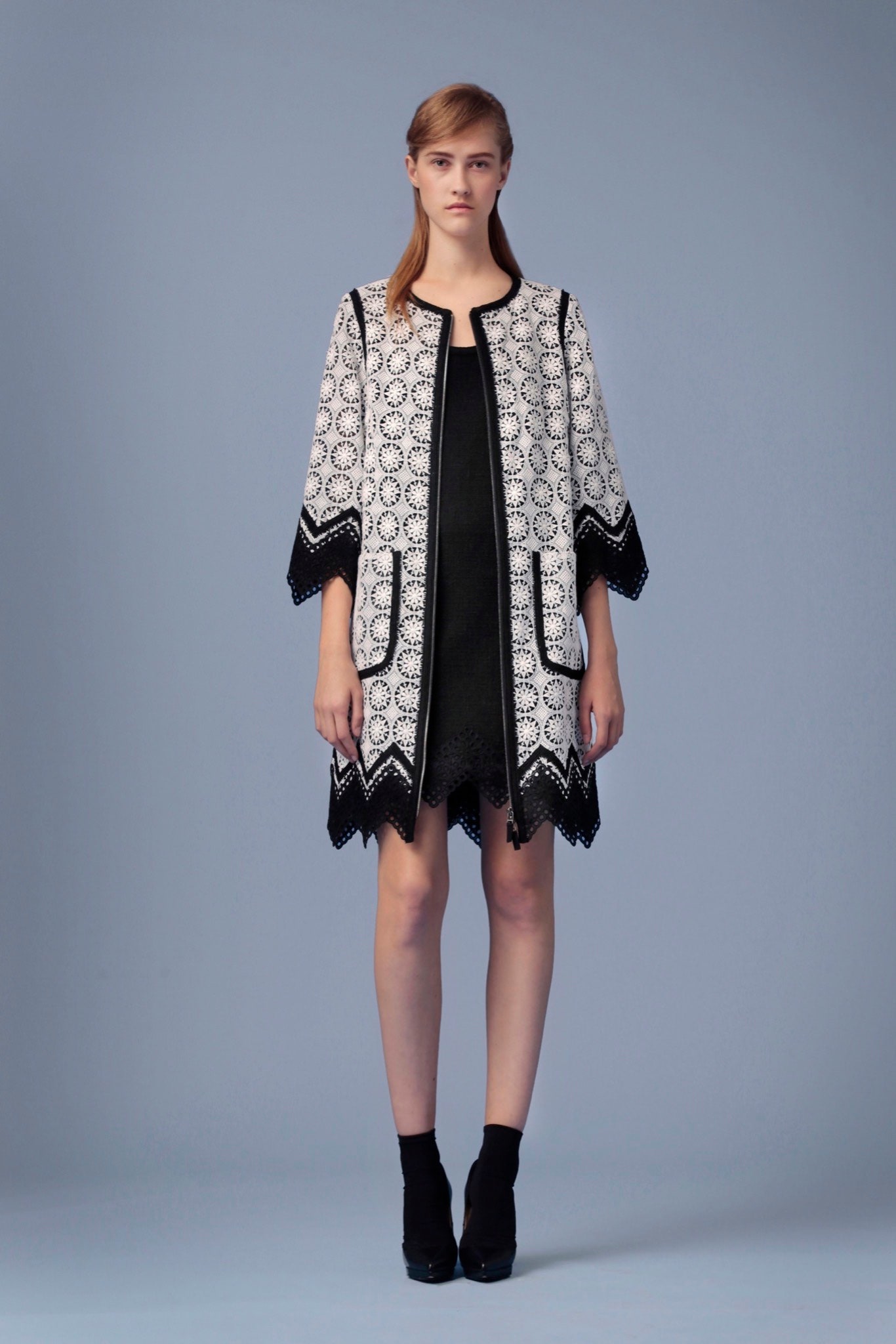 black cotton long-sleeve collared fitted embroidered layered coat