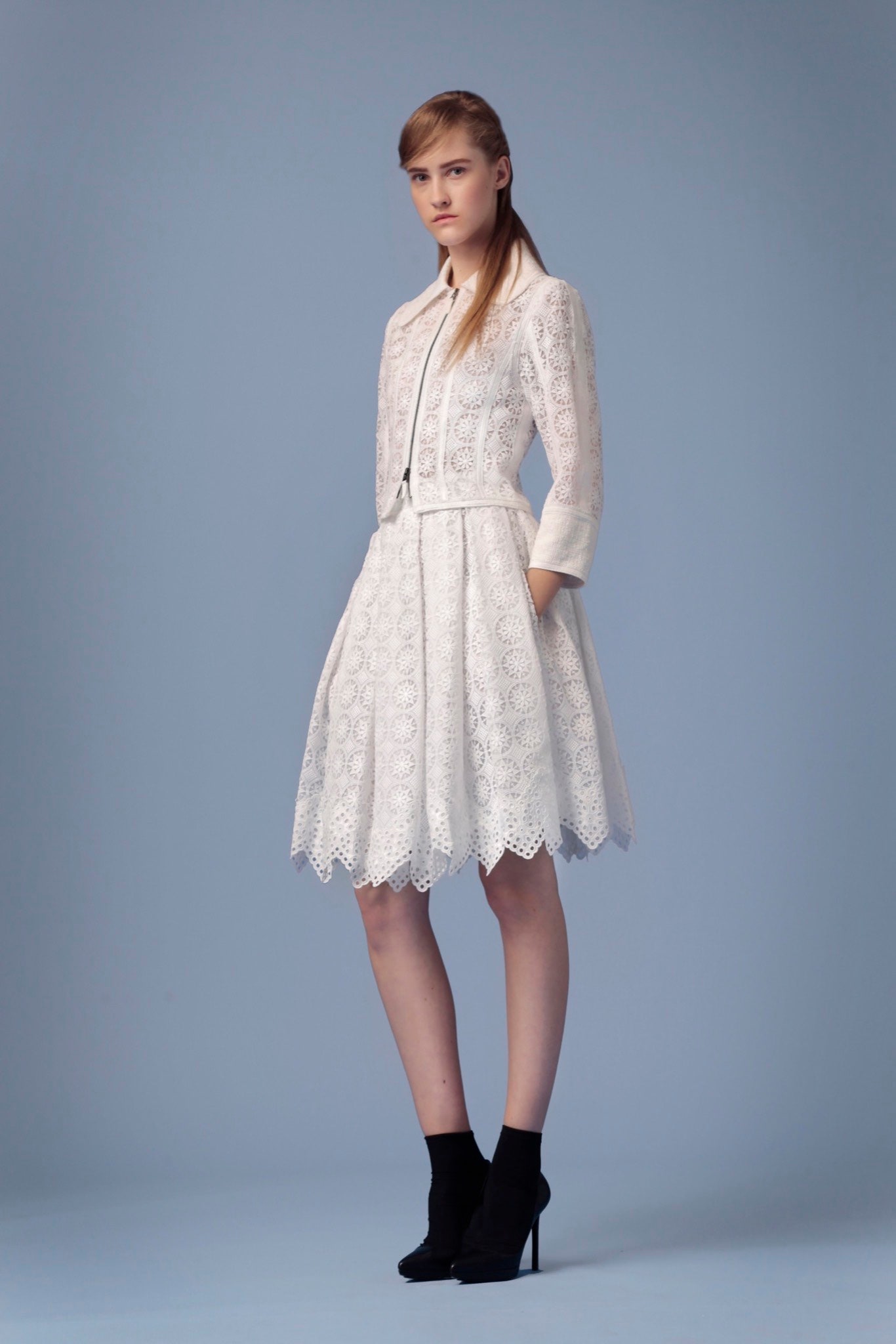 white lace long-sleeve collared fitted a-line belted dress