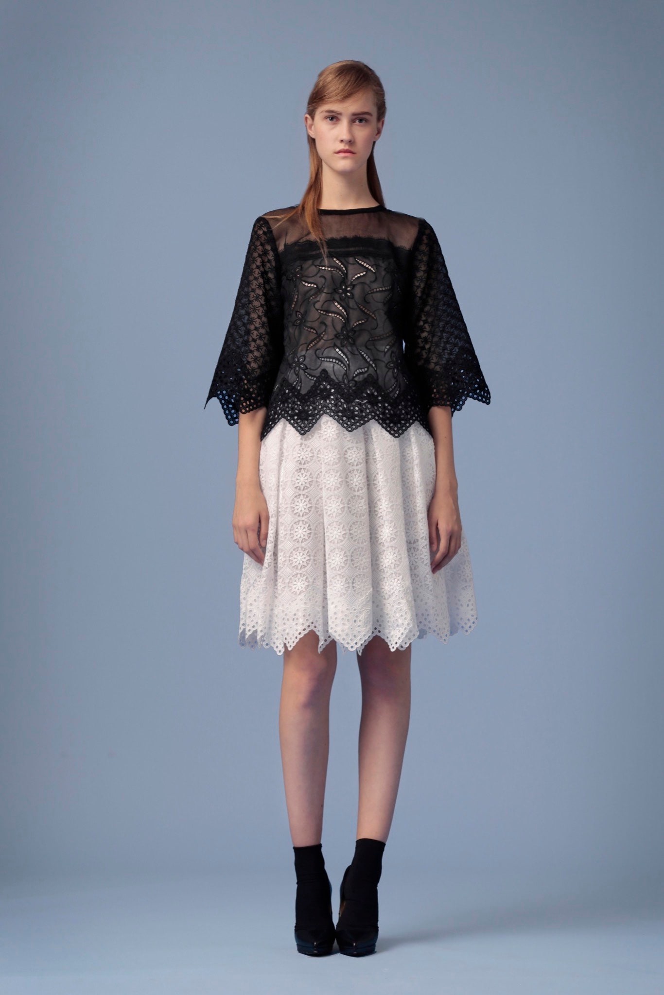 black lace long-sleeve high-neck fitted embroidered top