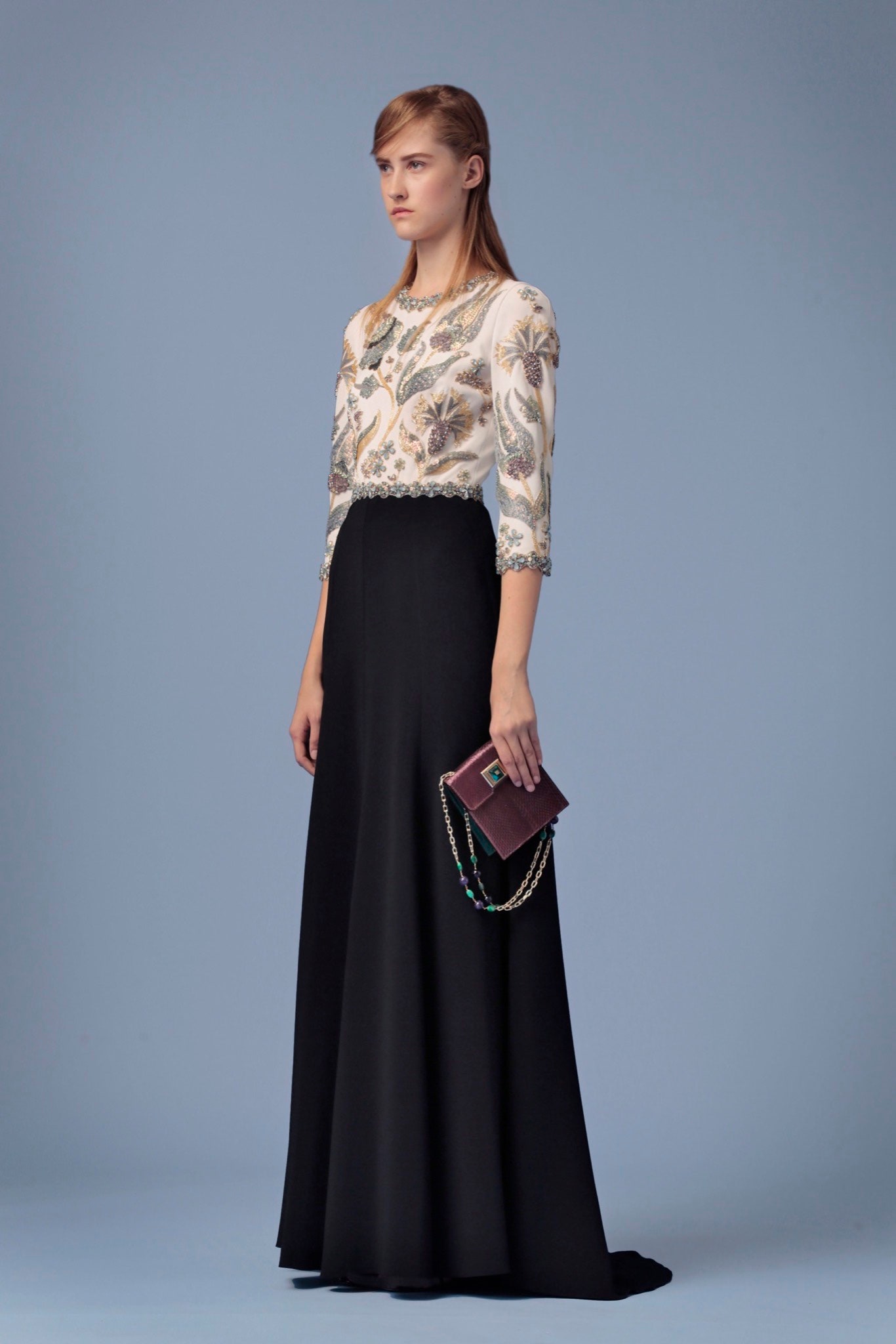 black silk embroidered gown