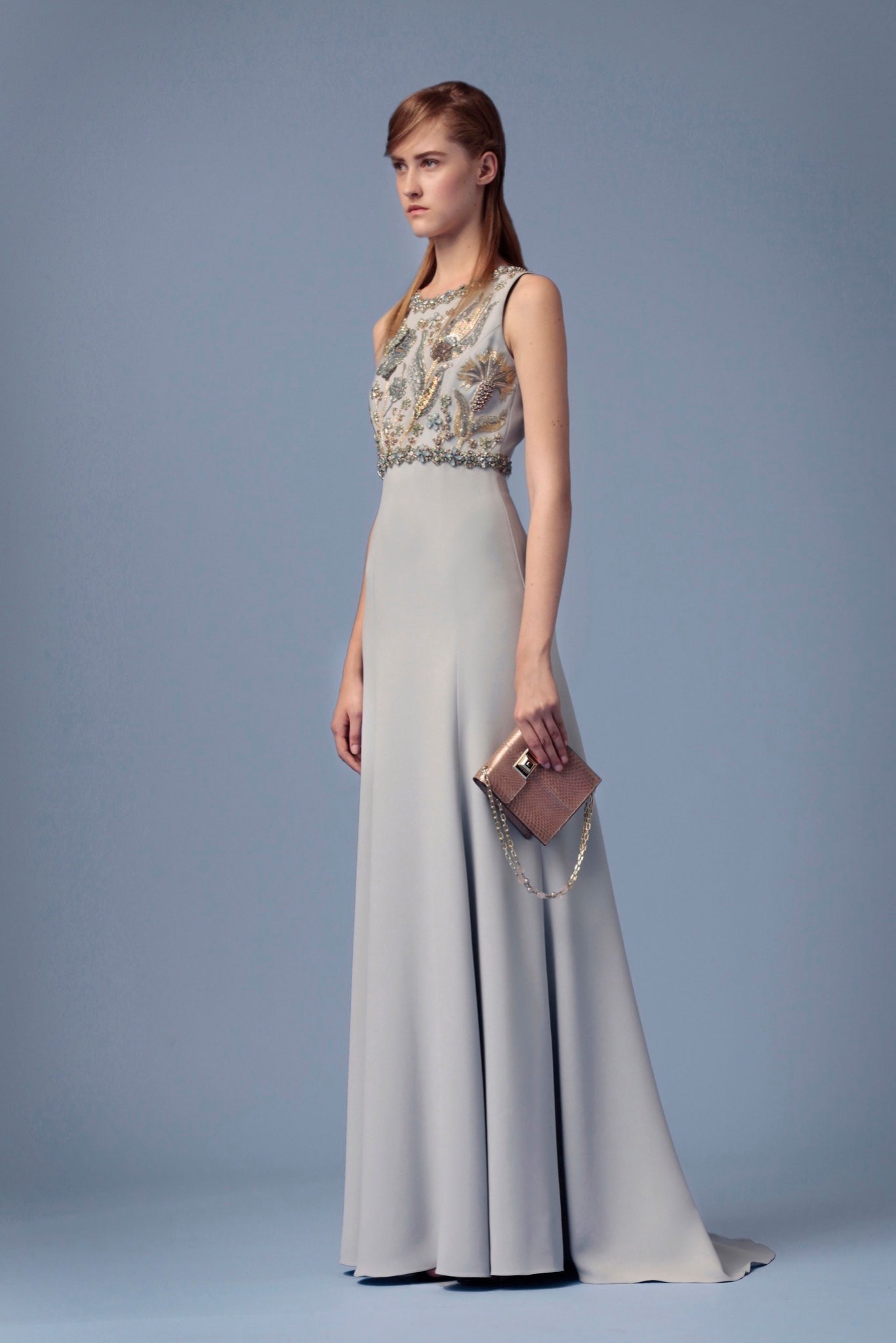 gray silk embellished gown