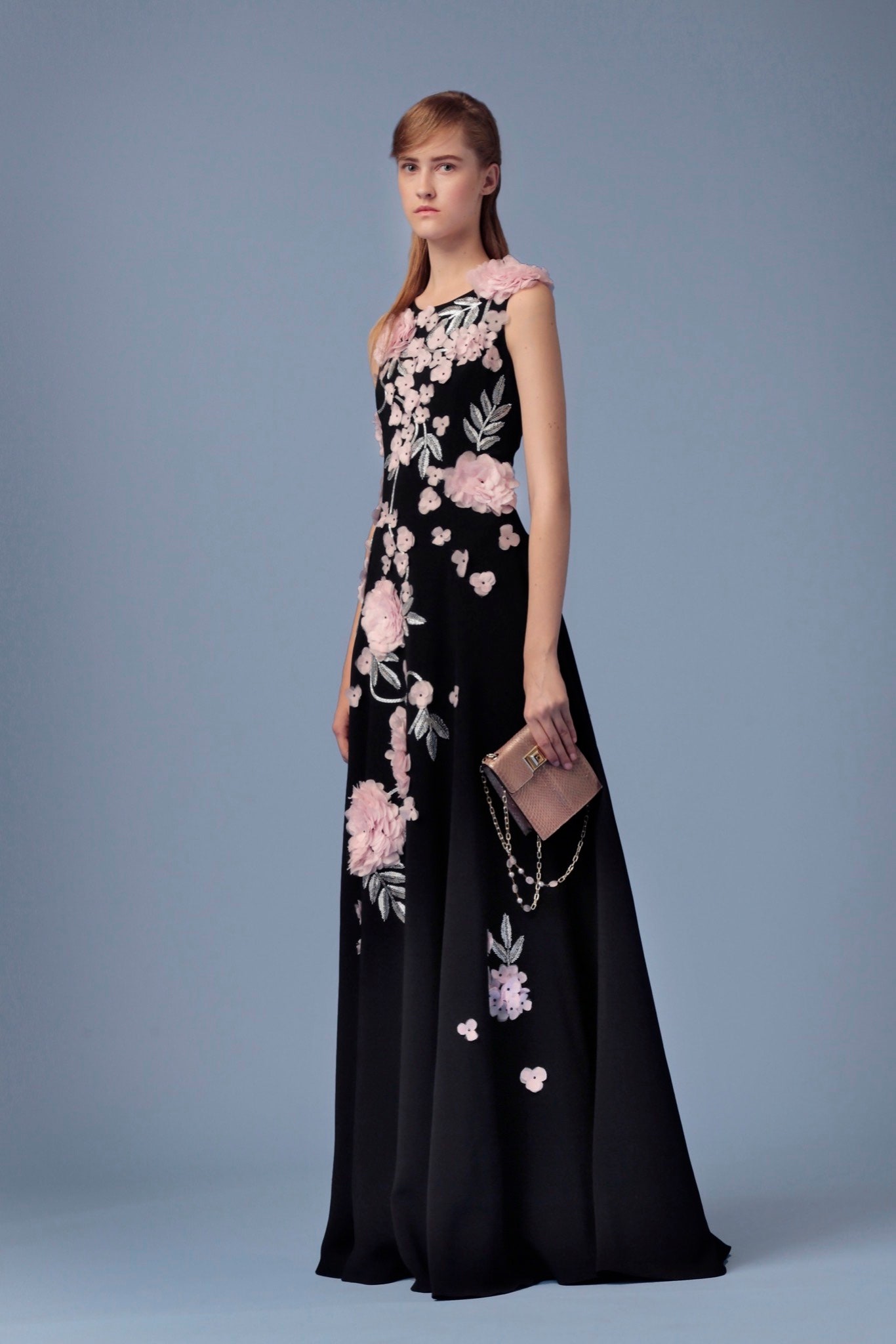black silk embroidered gown
